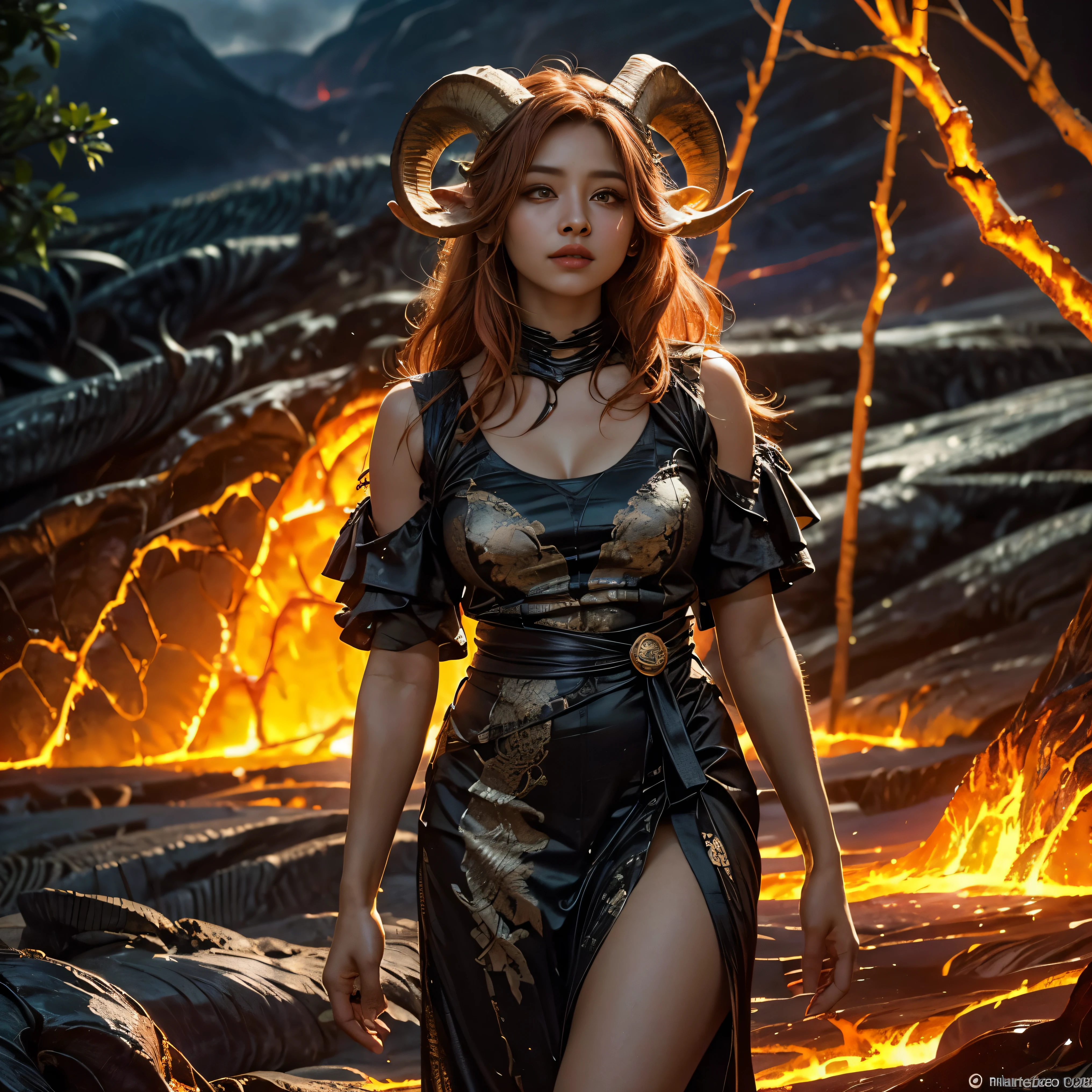 (highest quality、Super detailed)、(Real:1.37)、HDR、UHD、Studio Lighting、 Bright colors、Highly detailed eyes and face、Beautifully detailed eyes、Beautifully detailed lips、 Long eyelashes、A young and extremely beautiful demon、(Cowboy Shot:1.4)、Beautifully detailed eyes、Beautifully detailed lips、Highly detailed eyes and face、Long eyelashes、Pale, delicate skin、Flowing green hair、(Green Eyes)、smile、Subtle shadows and highlights、Bright colors彩、Elegant atmosphere、(Wearing primitive dress:1.4)、(Volcanic eruptions)、(Has small fangs and small horns:1.5)、(Walking on lava:1.6)、Urusei Yatsura no Ram Cosplay、mynatalee woman