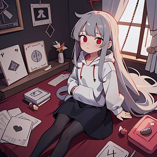 Sit at a desk,(Silver long hair,bangs,Sharp eyes),Red Eye,Dimly lit room,Cute sweets,(Oversized off-white hoodie,Black long skirt,Grey tights),Seven of Swords Tarot Card