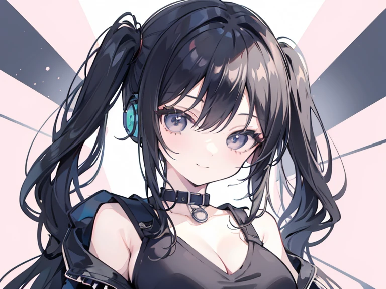 masterpiece,anime style,chibi,sexy girl,black hair,shoulder length hair with two pigtails,black jacket,with headphones,lo fi background,smiling,big breasts,listening to music,waiting on the right side of the image,showing cleavage,full body,standing,black t-shirt,gray eyes,