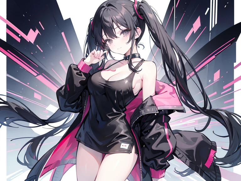 masterpiece,anime style,chibi,sexy girl,black hair,shoulder length hair with two pigtails,black jacket,with headphones,lo fi background,smiling,big breasts,listening to music,waiting on the right side of the image,showing cleavage,full body,standing,black t-shirt,gray eyes,