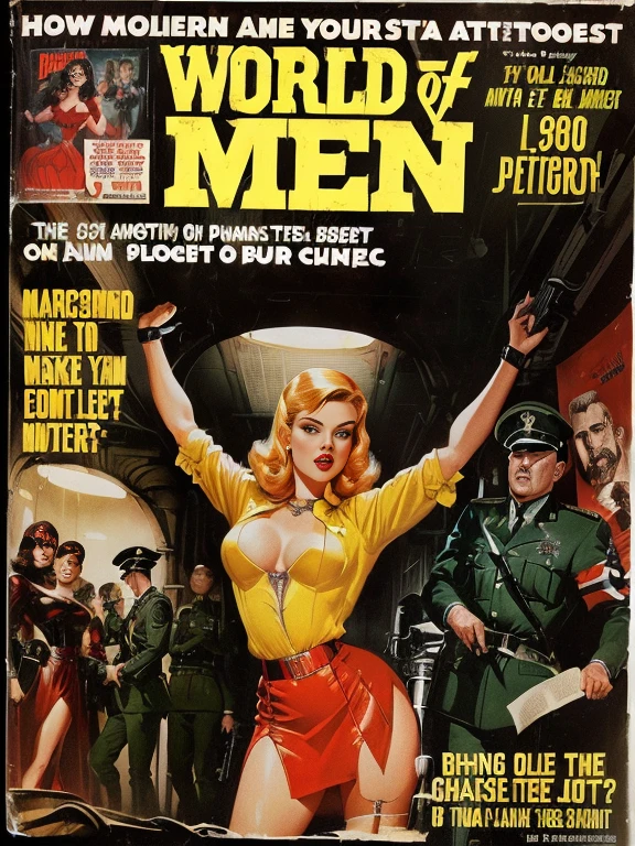 World of Men magazine cover featuring a film showing Nazis torturing a bound woman in a red skirt, retro Pulp Art, Pulp fantasy of the 1980s, vintage Pulp Art, Old retro pulp, Pulp Magazine cover art, Pulp Magazine, Old retro pulp noir comic cover, inspired Wally Wood, 70's Vintage Comic Cover, Wally Wood, Pulp Art, SF pulp