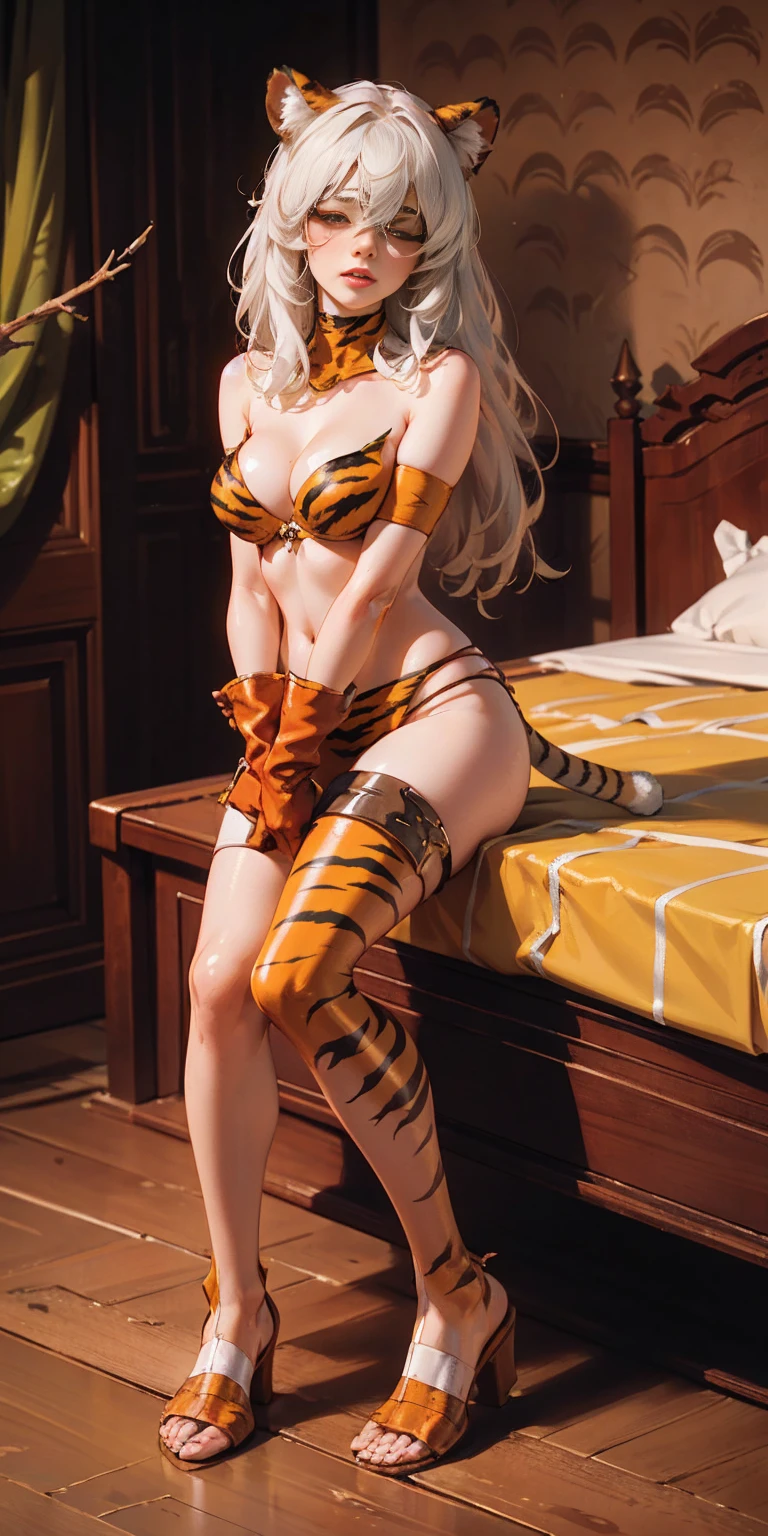 1 solo female blindfolded, animal tiger ears, animal tiger hands, animal tiger print, bell, bikini, breasts, choker, claws, cleavage, collar, full body, gloves, large breasts, lips, long hair, looking at viewer, navel, neck bell, on bed, tiger paw gloves, tail, thigh highs, tiger ears, tiger print, tiger tail, white hair, sitting on bed bed, bedroom background