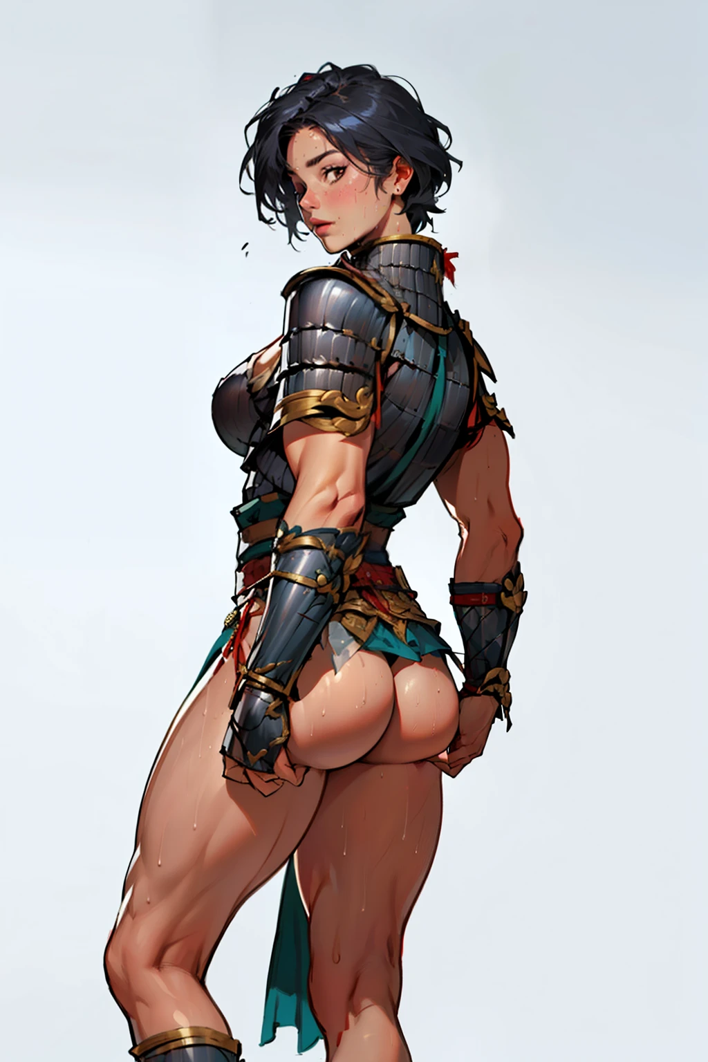 (high resolution, pixel perfect, realistic, gorgeous illustrations), (hyper quality, muste piece, etheric: 1.4), (((1girl))), ((((black skin)))), clothed, (((((((Buttlift))))))), (((((((stand,open legs))))))), tattoo, mature woman, cool atmosphere, grey hair, ((((hair over one eye)))), ((Exquisite face)), (clear face), (((((((muscular))))))), ((thick thighs)), (((wide hips))), ((Big breasts that are about to burst)), fighter, (((woman))), ((((wh_chi_armor)))), ((leotard)), ((((loincloth)))), (shiny skin), ((((gleaming skin)))), (((sweat))), simple background,