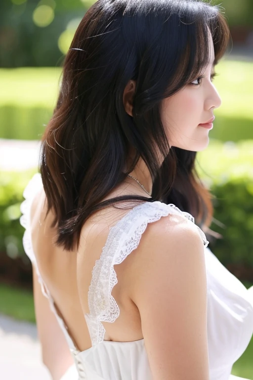 Back view of a 30-year-old woman with long black hair and a slightly chubby, pretty face,Wearing a white dress