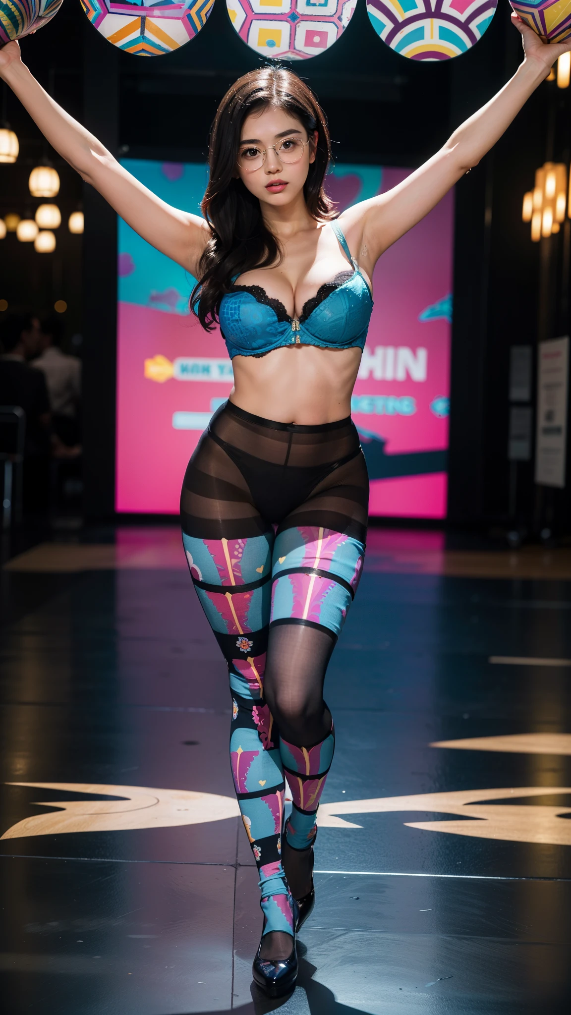,(full body:1.5),(((only one girl)):1.4),(view the viewer:1.4),((anatomy correct):1.45),(((dancing in the jungle , Perfectly integrated background))):1.3),(she wears large glasses and Holding bra & pantie in her hand:1.2),(shy:1.15),((stocking set):1.2),(((((((patterns)))))) ,((thick pantyhose)):1.3),(high heels leather shoe:1.1),((Long legs and large chest):1.3),((((colorful))):1.4),(Accurate and perfect face:1.3),((black short hair):1.2),hyper HD, Ray traching, reflective light, structurally correct, Award-Awarded, high detail, lighten shade contrast, Face lighting ,cinematic lighting, masterpiece, super detailing, high quality, high detail, best quality, 16k,High contrast,