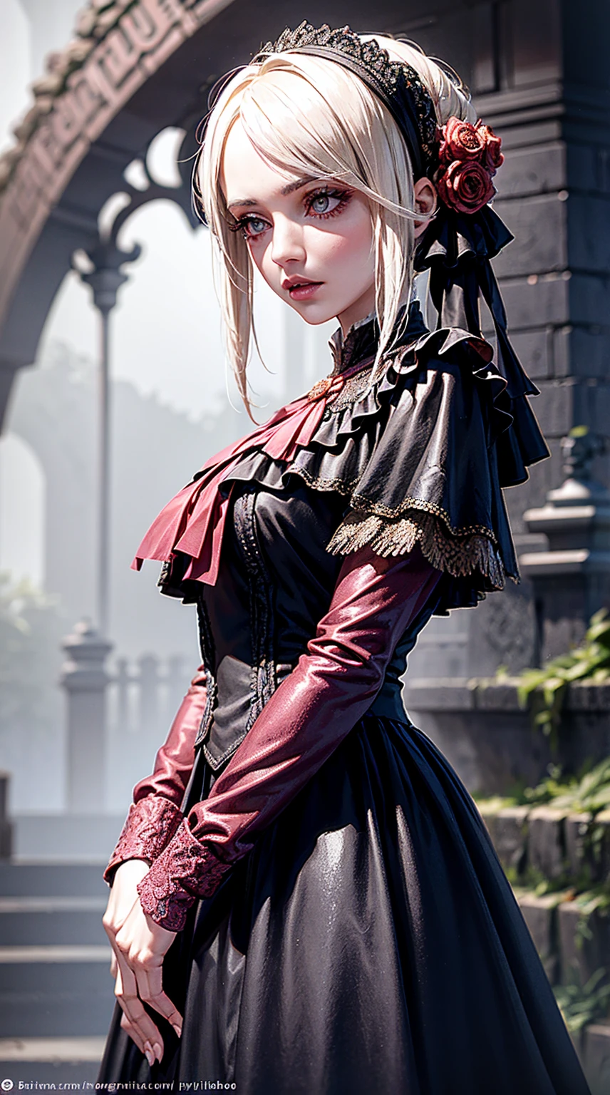 1 chica, hermosa, ojos color rosa, cabello rubio, grandes pechos copa G (senos enormes 1.5), vestido corto, caderas amplias, cintura delgada, gloomy environment, bloodborne, edificios estilo victoriano, neblina