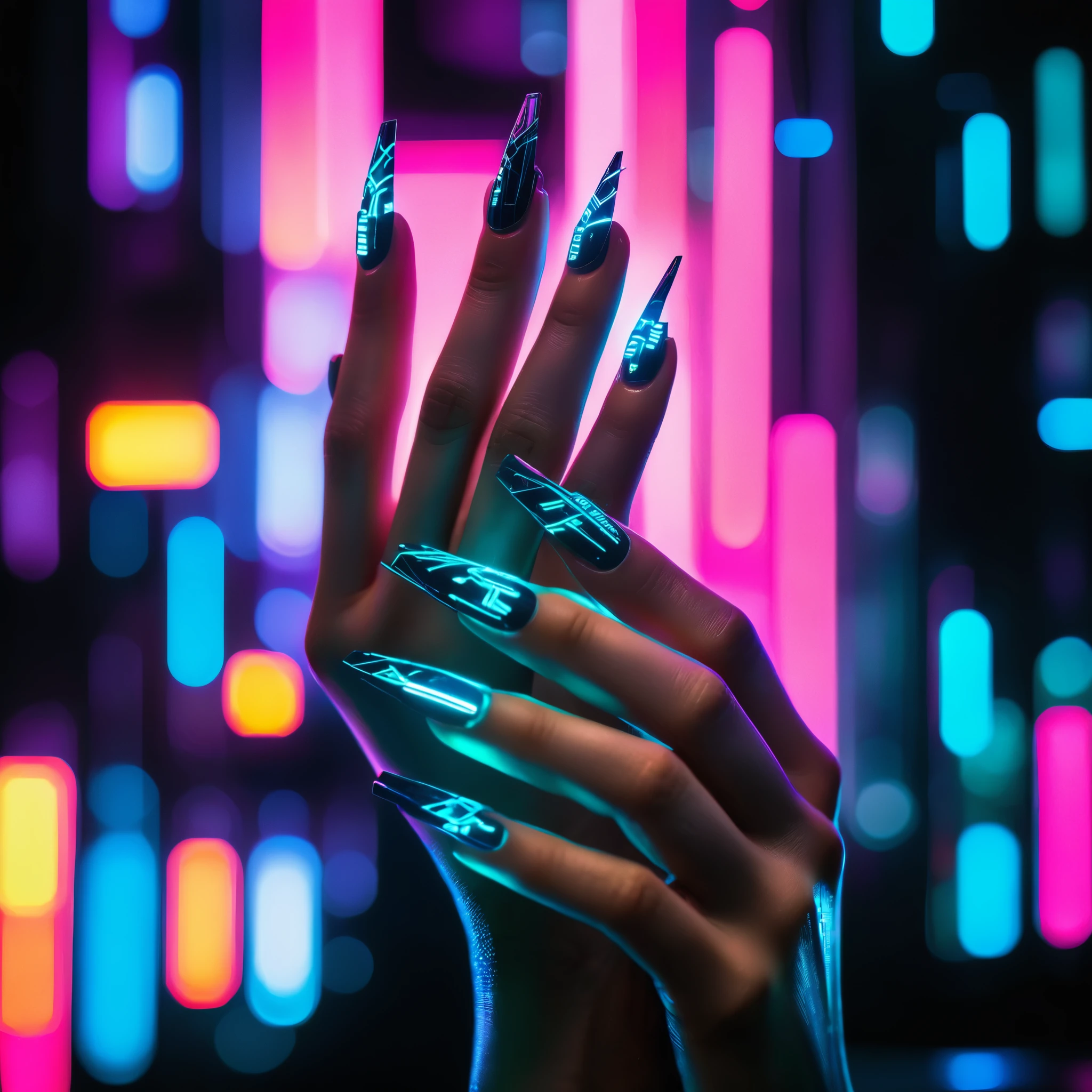 top-quality, 8K, masterpiece:1.3) An up-close shot of cyberpunk-themed nails art with tiny microchips integrated into circuit-like patterns, illuminated by neon lights, against a digital grid backdrop, taken with a high-resolution nail art lens, highly detailed, highlighting the futuristic and edgy elements of cybernetic nail embellishments.