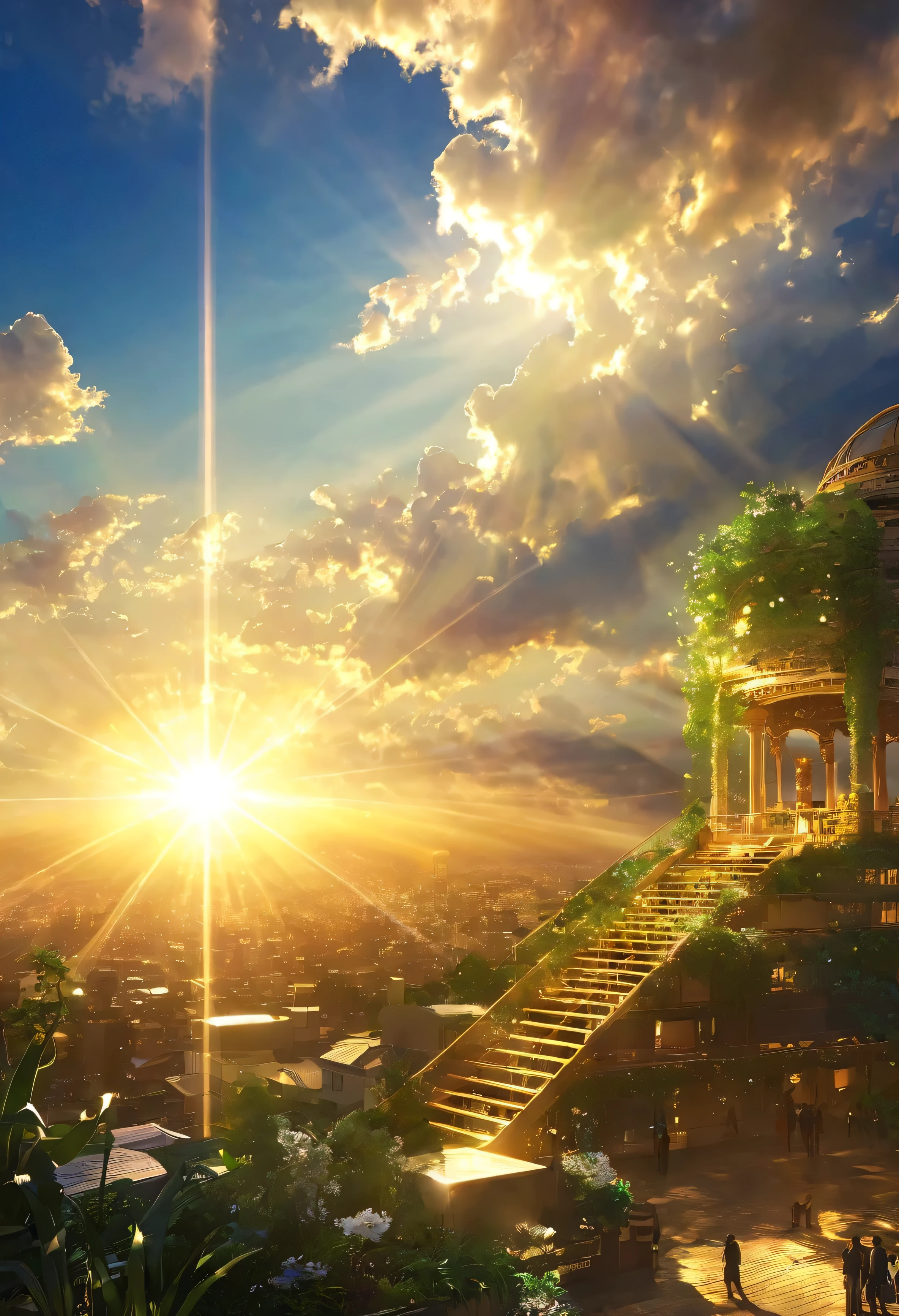 god々Area、A mystical city rising into the sky、Digital Art, The clouds clear and the shining sun appears, On Ascension Day，Golden Sun、Cities in the sky、god々Utopia of、There is one relic。God floating in the air々Our Sky Garden、Lens flare、Angel Ladder、