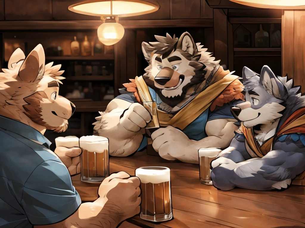 author:Takemoto Arashi, From milkytiger1145, From donkeyramen, From wfa, anthropology,hairy,Beast field,male,at the bar, (Adventurer Costume), drink beer, anthropology,hairy,Beast field,Handsome,Gray Wolf,Gray fur,male,group picture, squeeze, Detailed background, Looks happy,enjoy, (high quality, high resolution, masterpiece), ((Fluffy fur, Fluffy, hairy body)), detailed Fluffy fur, Delicate face, Delicate eyes, middle aged, (((muscular)))
