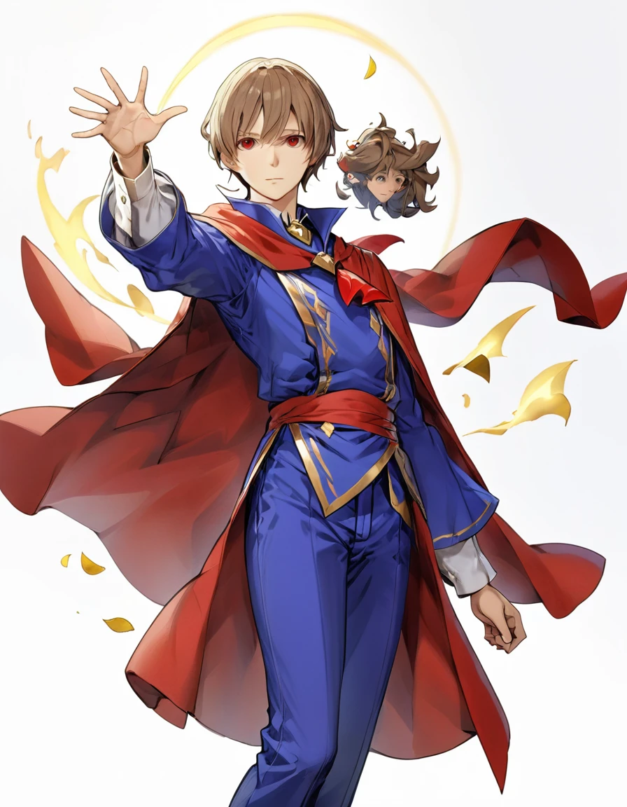 White background, character sheet, whole body, 1man, light brown hair, red eyes, wearing magician clothes red sleeves, blue pants, blue robe, male protagonist, absurdres, high res, ultrasharp, 8K, masterpiece, looking at viewer