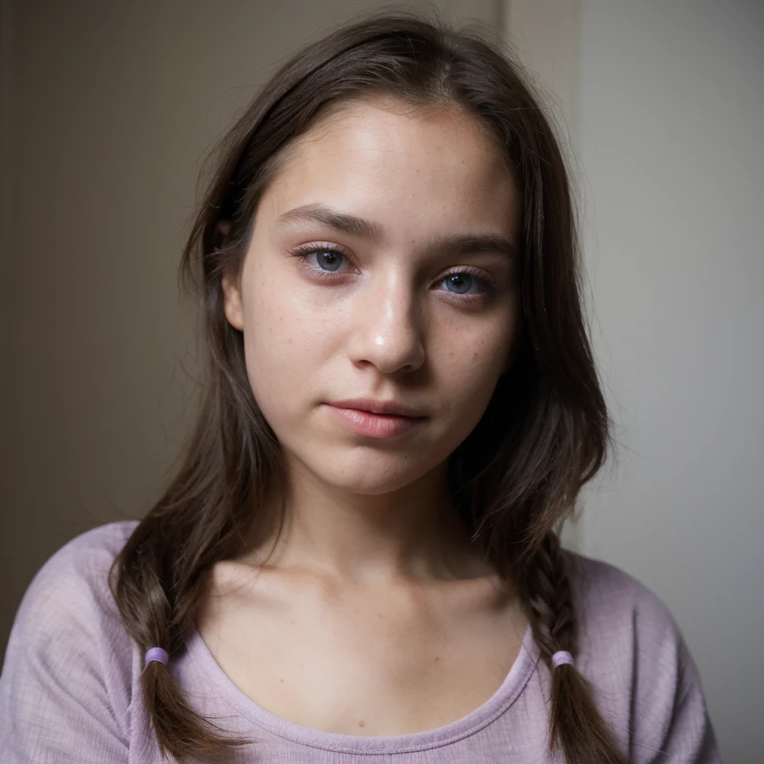 photo of a college student,9 , in Purple Pink, Linen coarse cloth, (freckles:0.8) Blush,cute face, sci-fi, dystopian, detailed eyes, cobalt blue eyes((Side view))Shy