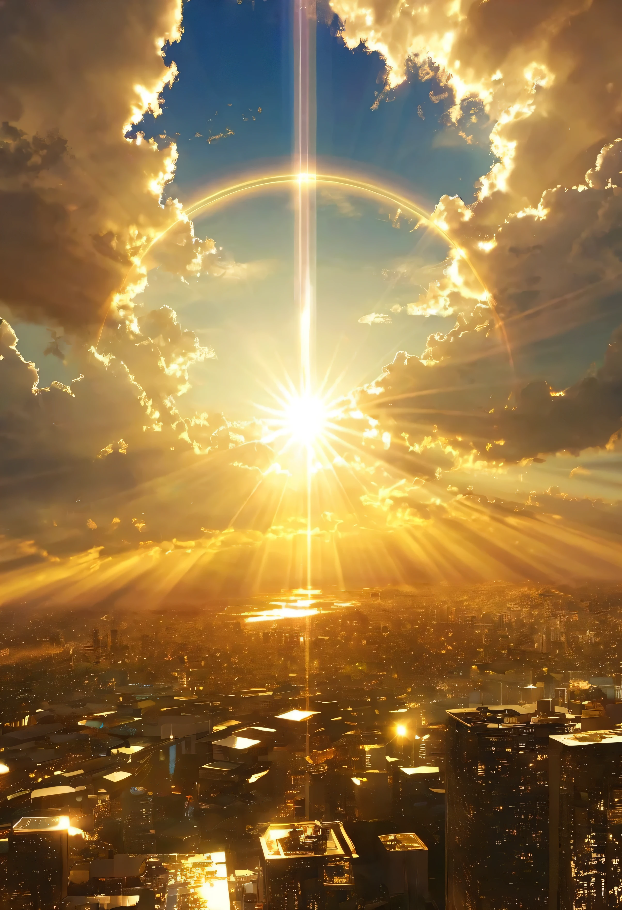 A dazzling light that paints everything in gold、god々Area、A mystical city rising into the sky、Digital Art, The clouds clear and the shining sun appears, On Ascension Day，Golden Sun、Cities in the sky、god々Utopia of、There is one relic。God floating in the air々Our Sky Garden、Lens flare、Angel Ladder、