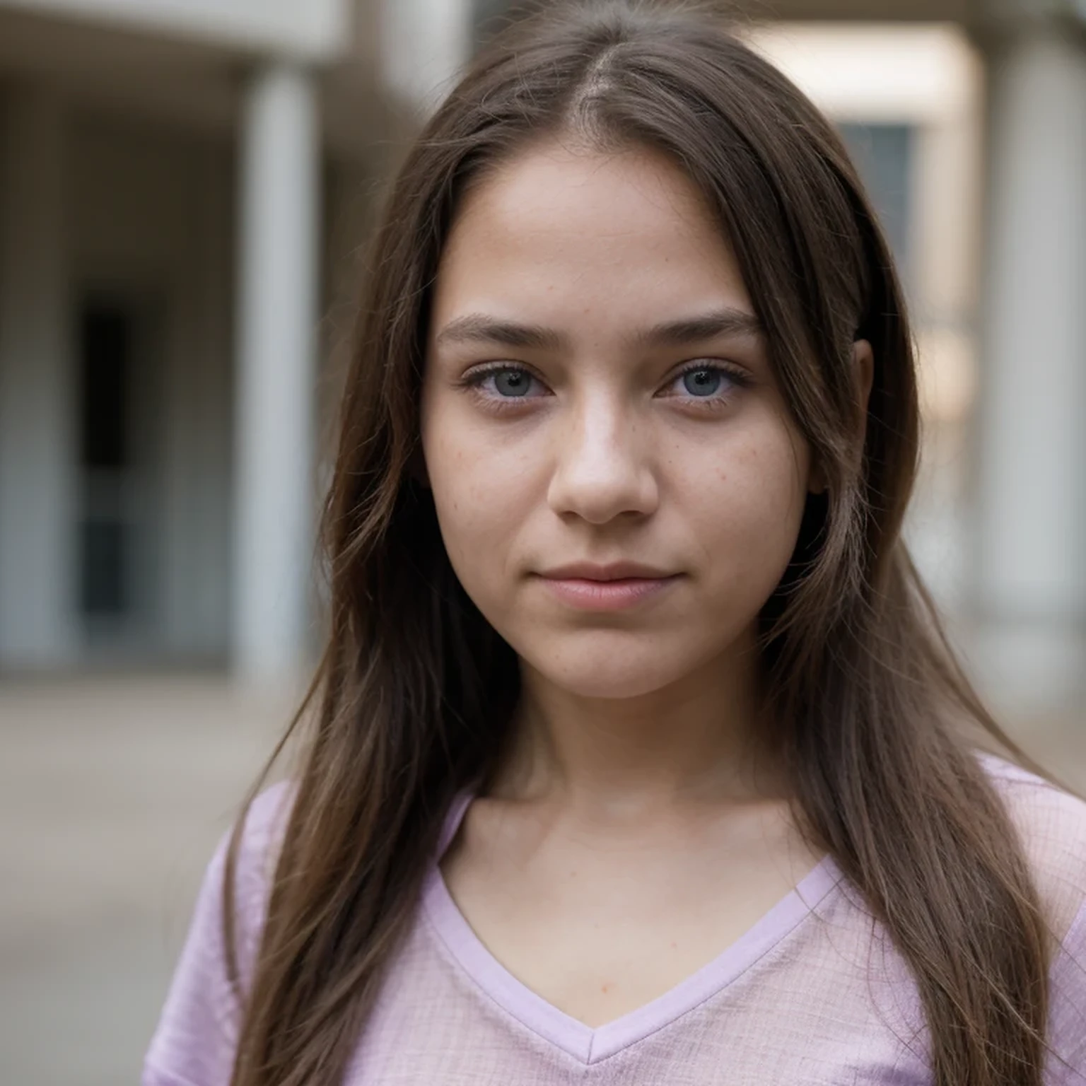 photo of a college student，9 years old, in Purple Pink, Linen coarse cloth, (freckles:0.8) Blush，cute face, sci-fi, dystopian, detailed eyes, cobalt blue eyes（（Side view））Shy