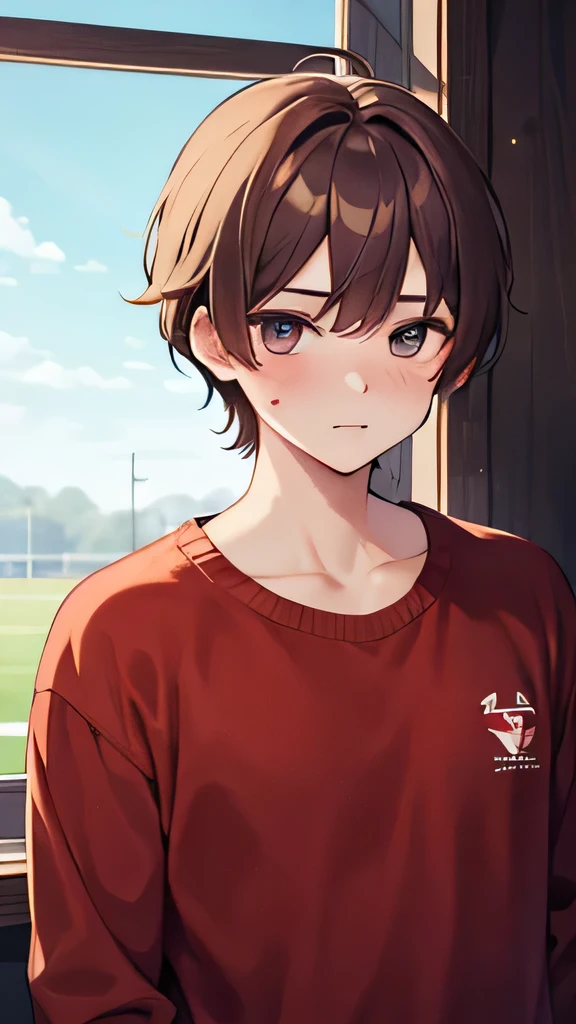 Beautiful, clear, boy wearing a red sweater(Play the game) There is a wound on the nose. (and is an athlete)