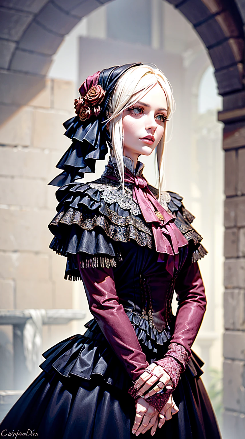 1 chica, hermosa, ojos color rosa, cabello rubio, grandes pechos copa G (senos enormes 1.5), vestido corto, caderas amplias, cintura delgada, gloomy environment, bloodborne, edificios estilo victoriano, neblina