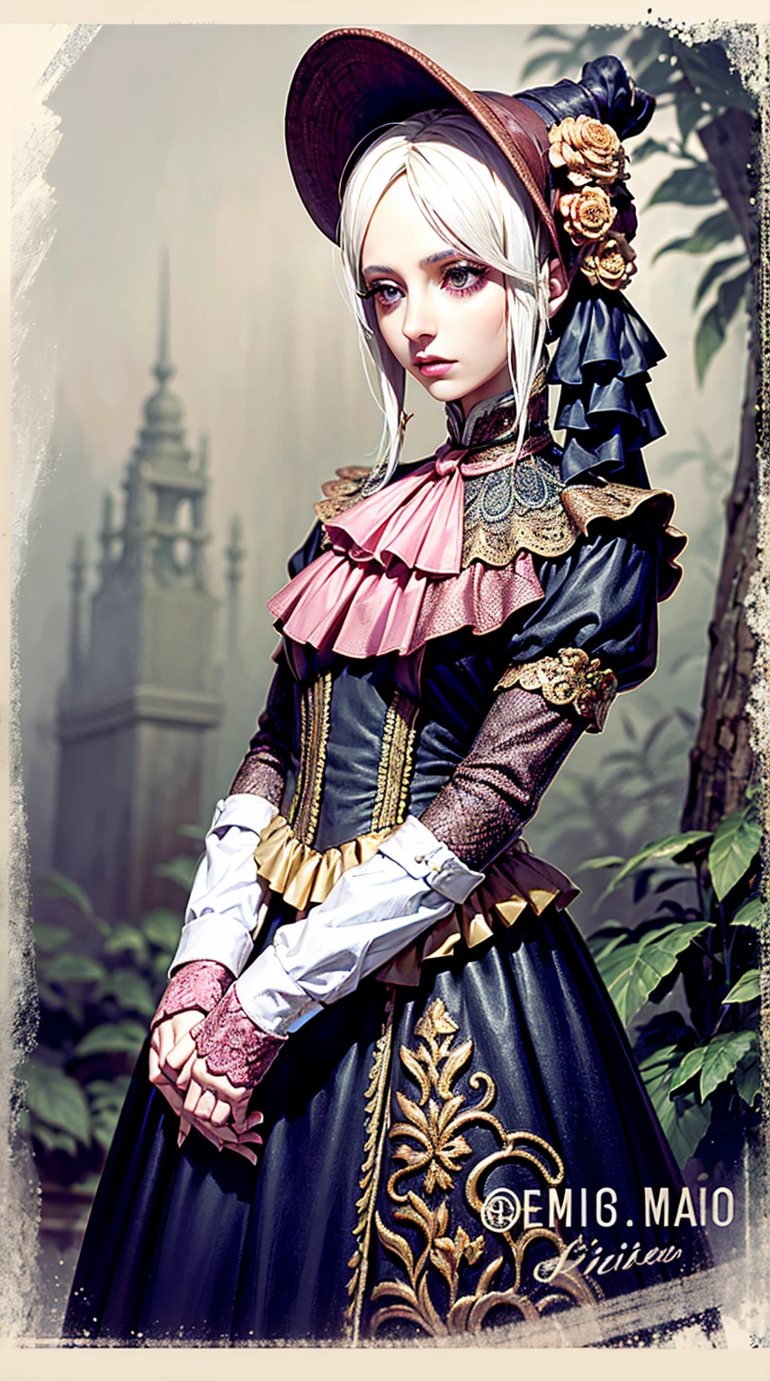 1 chica, hermosa, ojos color rosa, cabello rubio, grandes pechos copa G (senos enormes 1.5), vestido corto, caderas amplias, cintura delgada, gloomy environment, bloodborne, edificios estilo victoriano, neblina