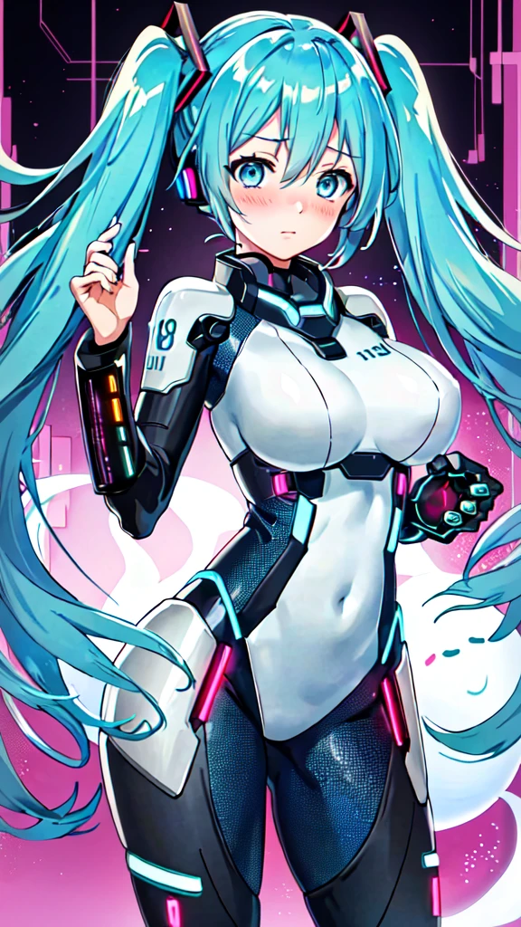 Hatsune Miku Vocaloid, Twin Tails, Light Blue Eyes, Light Blue Hair, Pichi Pichi Bodysuit, Cyber punk, Ghost in the Shell, Ultimate Physical Beauty, Beautiful Eyes, embarrassed look, ((Big Breasts)), 8K CG, Top Quality, Best Image Quality,