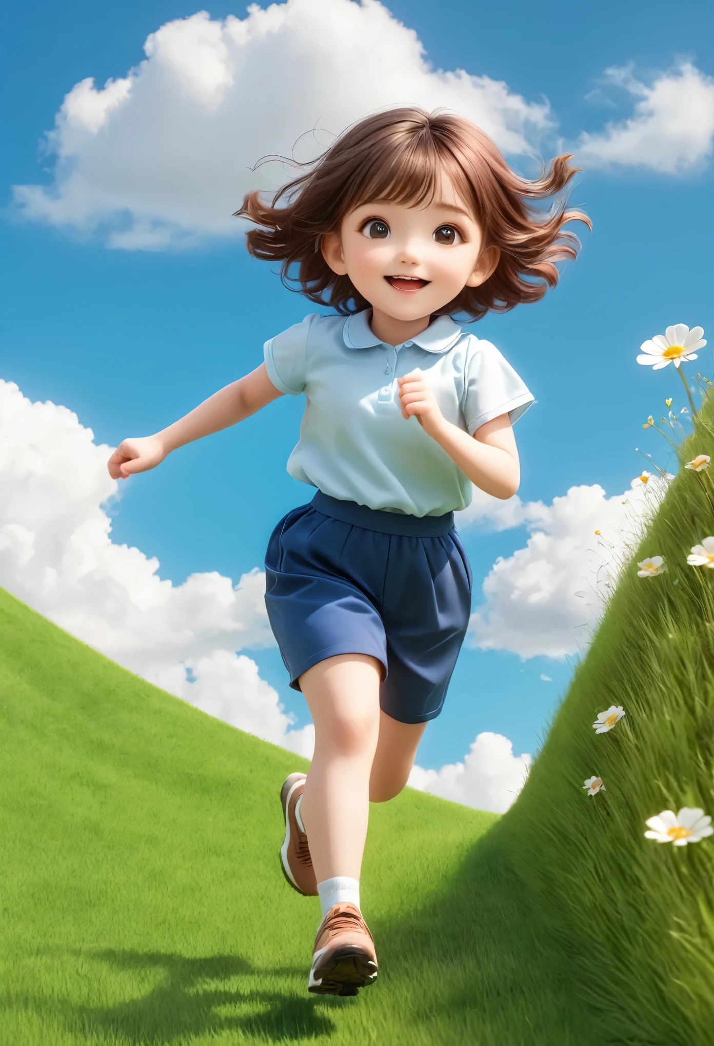 1 Girl,Fundo verde claro,Brown hair,blackboard,Double the goodness,slope,slope background,Small flowers on the grass,Blue sky and white clouds，3D