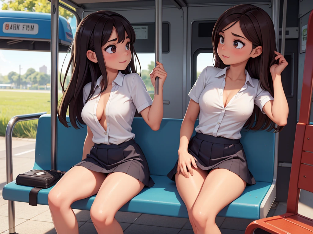 Highest quality，masterpiece，Ultra-high resolution, Very detailed, 8K，a  beautiful Japanese woman:1.5, Small face, Black Hair, blunt bangs,　Breast Augmentation Surgery, (High school uniform:1.5, Pleated skirt, White panties, bag), 　Spread your legs、　Sitting in a Yamanote Line train、　Skirt flip、　Provocative smile、　face to face