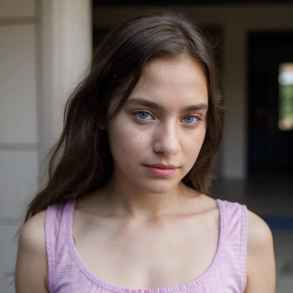 photo of a college student，9 years old, in Purple Pink, Linen coarse cloth, (freckles:0.8) Blush，cute face, sci-fi, dystopian, detailed eyes, cobalt blue eyes（（Side view））Shy