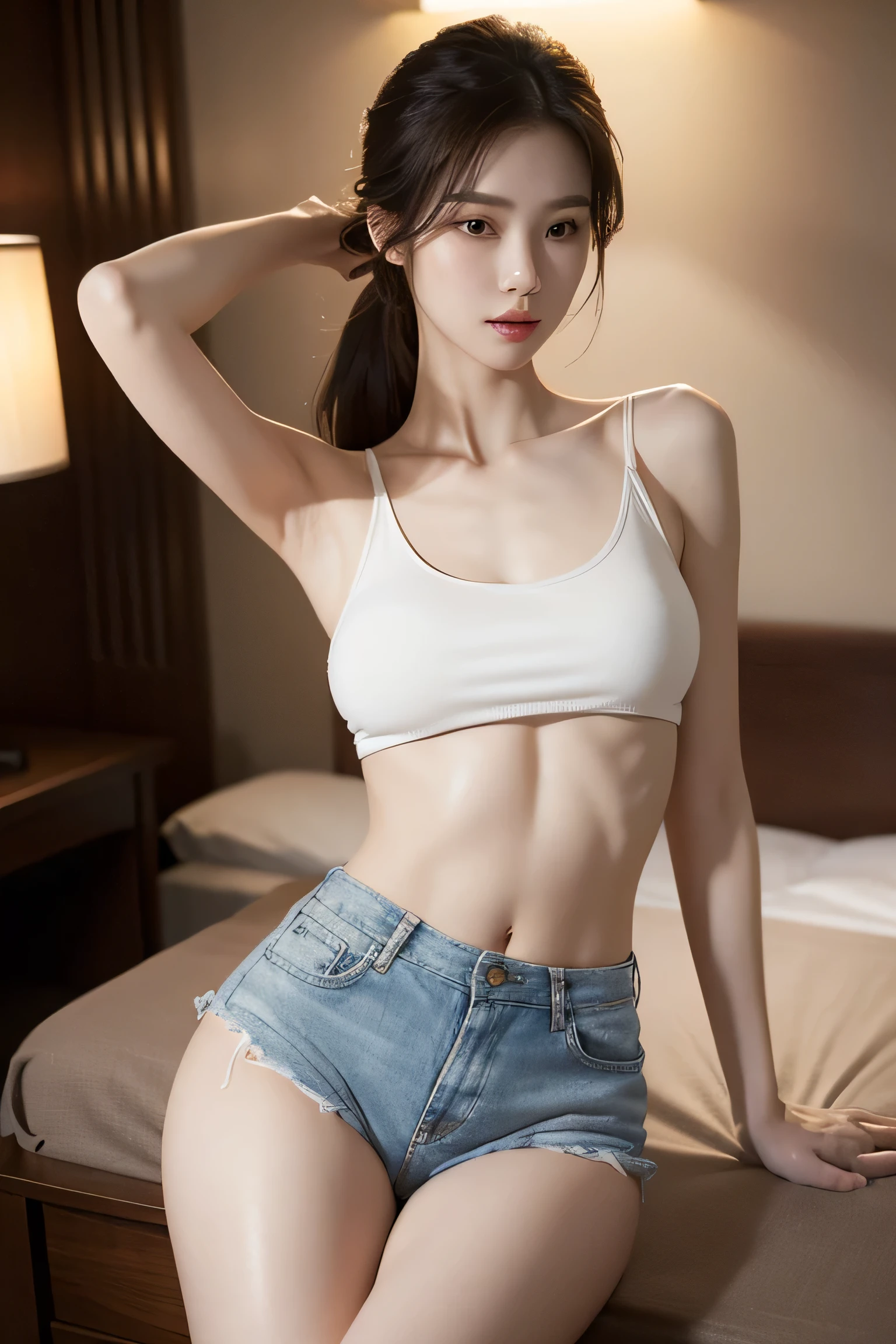 (Best quality, 8k, Masterpiece :1.3), (realistic, photorealistic: 1.37), (1girl), (Pretty woman in her 20s), (slim), (emphasizing slender abs :1.3), (Japanese), (tank top, hot shorts), (random sexy pose), (long hair, random hairstyle), (large breasts :1.4), (perky butt), (hotel room), (Ultra-detailed face), (Detailed eyes), (Double eyelids), (eyeshadow intensifying), (many eyelashes), (perfect body), (long legs), (professional lighting), (photon mapping), (radiosity)
