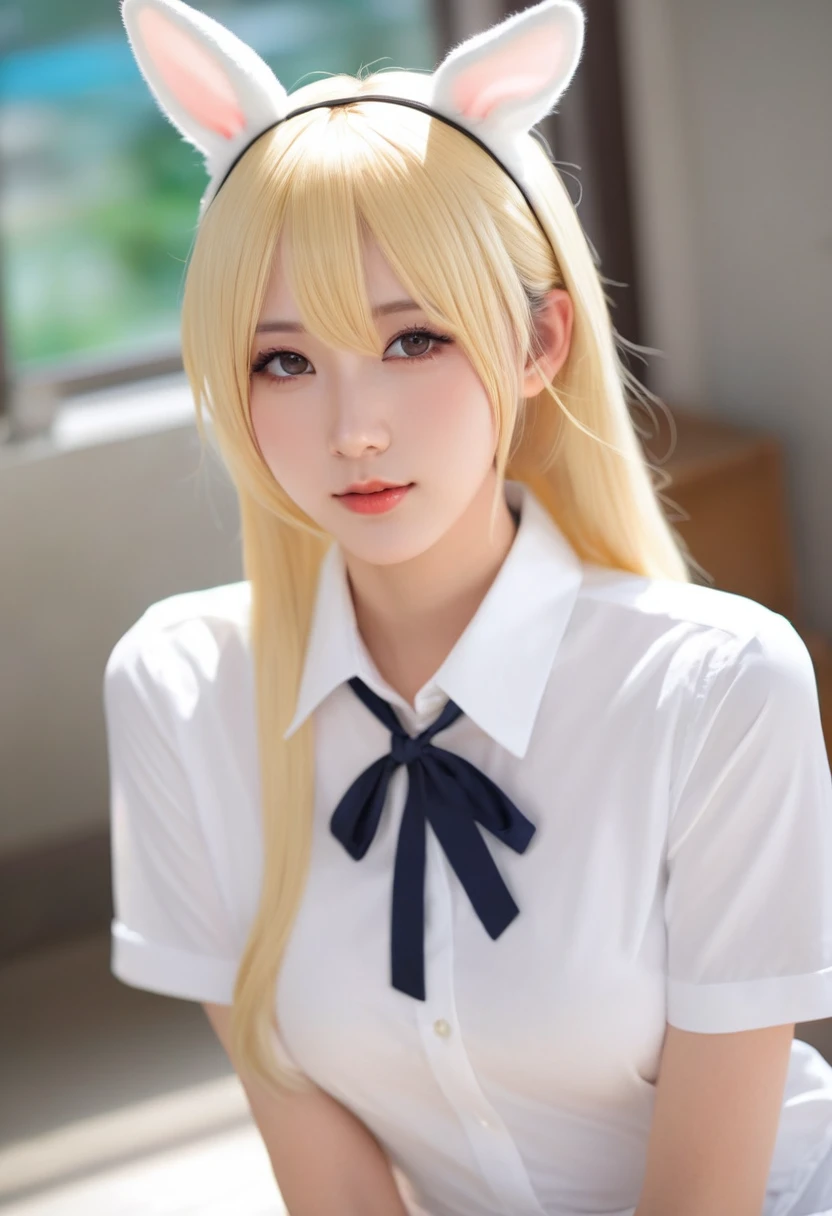 Close-up of a woman with cat ears and a white shirt, Ultra realistic sweet bunny girl, Anime Girl Cosplay, Enchanting anime girl, Real life anime girls, Sexy Girls with long blonde hair, Smooth white tight clothing suit, Trending on cgstation, Attractive anime girl, Sexy Girls, Charming cat girl, Korean Girls, Pale milky porcelain skin, Blonde Goddess