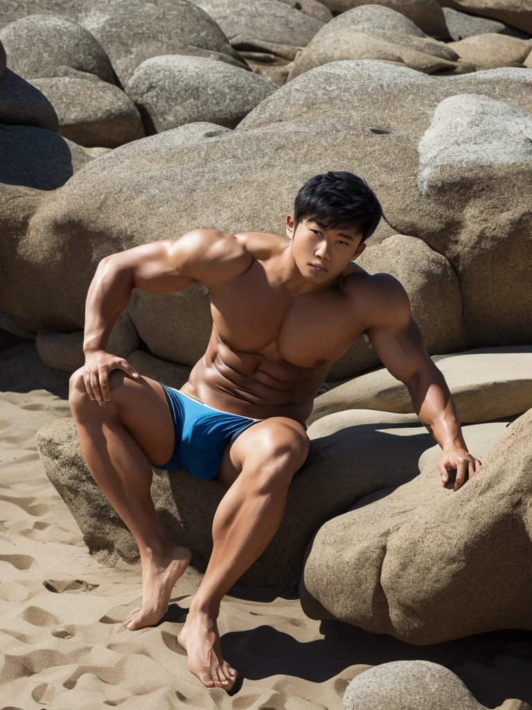 Masterpiece, Best Quality, Solo, Asian Actor Men, big muscular, wide shoulder, big triceps, beach background, Natural eyes, Short and delicate black hair, Sexy Man, looking at the viewer, shirtless, sexy bikini, huge bulge, Small plots, sitting, Muscular posture, pubes