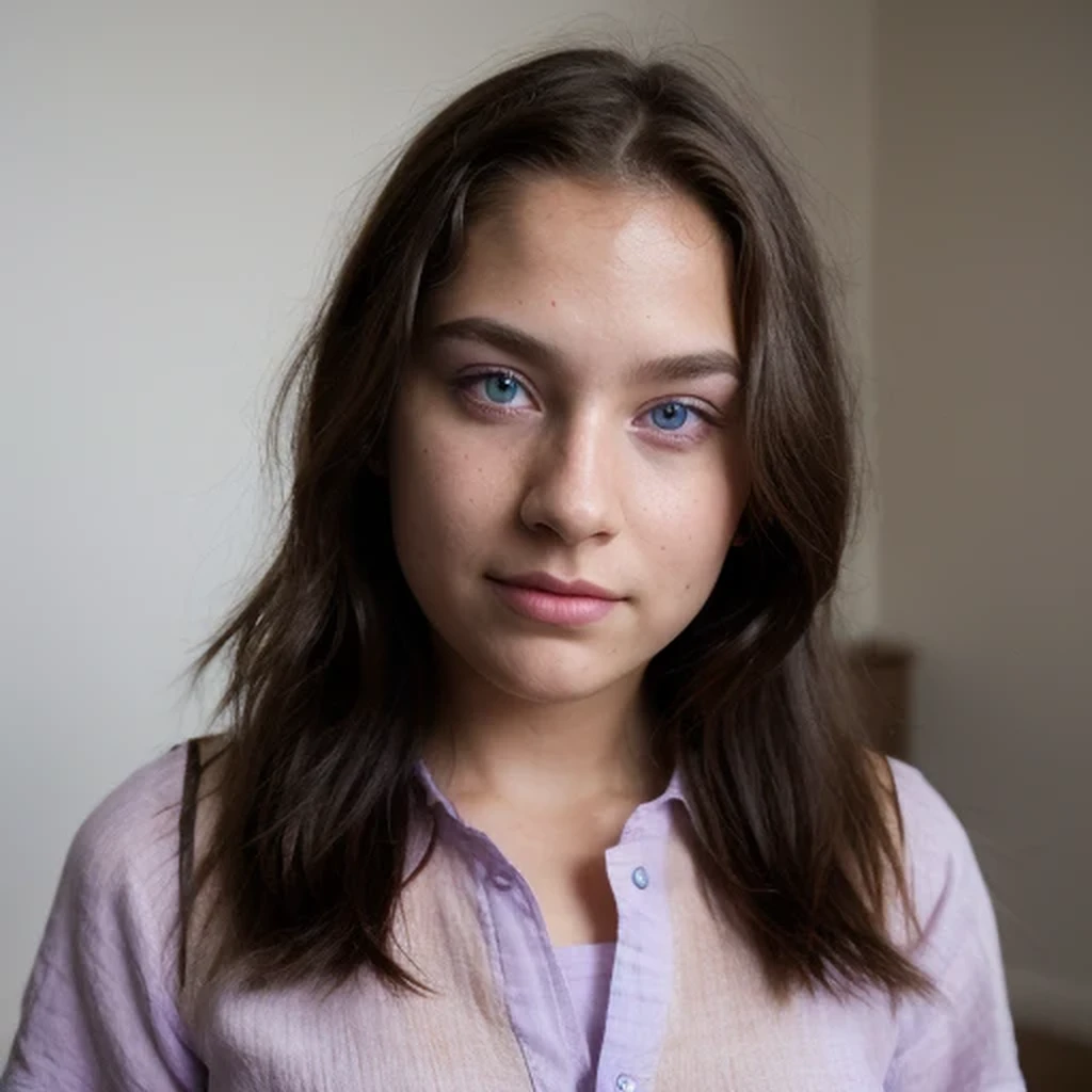 photo of a college student，9 years old, in Purple Pink, Linen coarse cloth, (freckles:0.8) Blush，cute face, sci-fi, dystopian, detailed eyes, cobalt blue eyes（（Side view））Shy