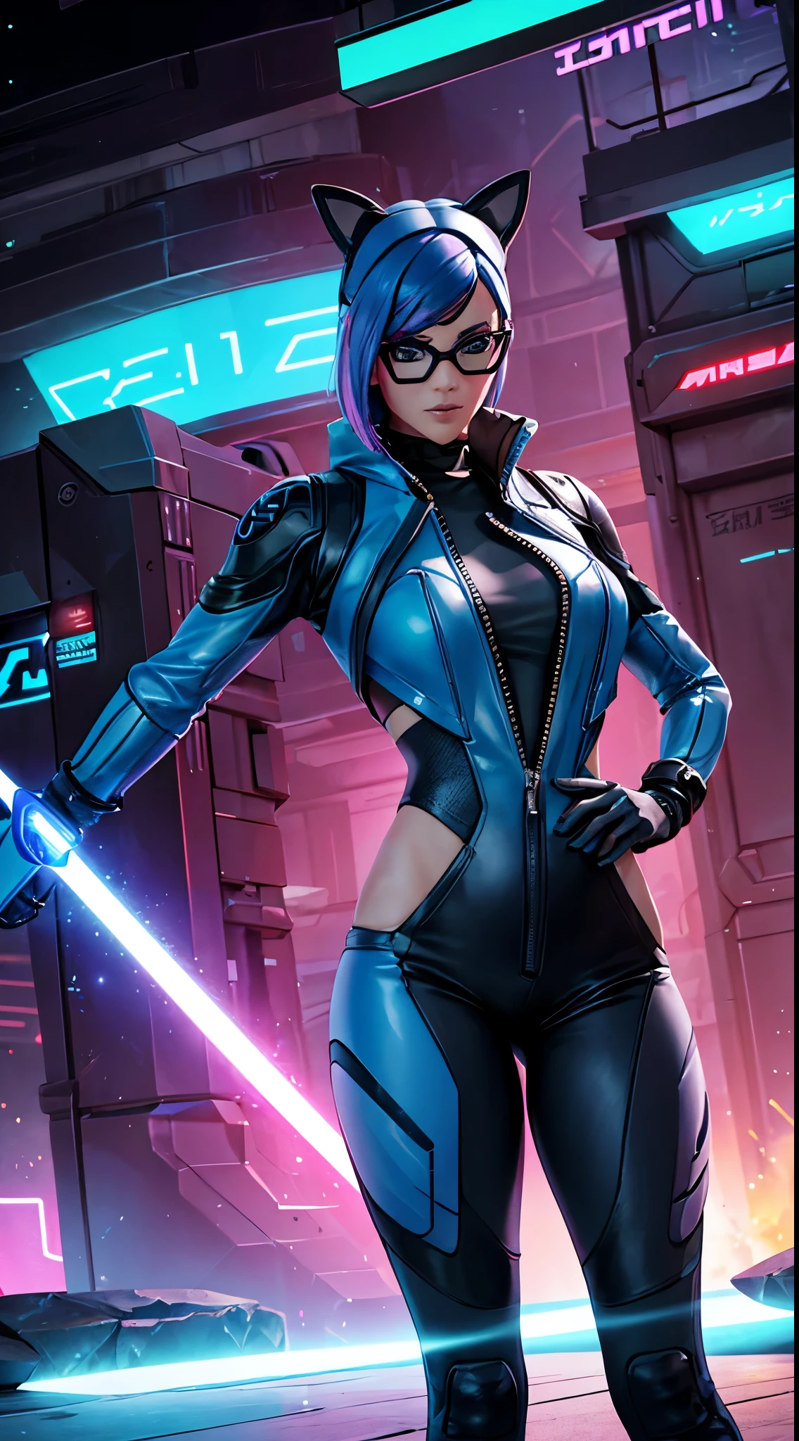 "Compose an eye-catching image featuring a woman with blue hair immersed in a futuristic environment. Design futuristic eyewear with cutting-edge elements, ensuring a sleek and advanced appearance. Craft the outfit with modern, high-tech materials, staying true to the futuristic vibe. The woman should confidently wield a laser sword, striking a pose that conveys both skill and determination. Explore a sci-fi color palette, incorporating neon tones and dynamic lighting effects to enhance the futuristic atmosphere. Employ photographic techniques such as bokeh and strategic lighting to create a visually captivating scene, skillfully blending action elements with futuristic style for a compelling composition."