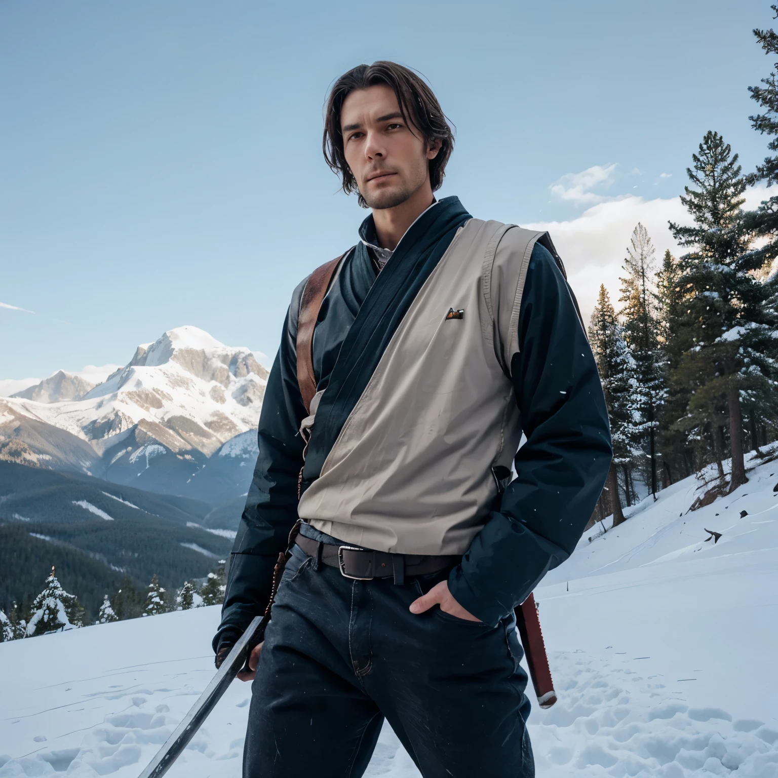 A tall man on top of a snowy mountain holding a katana in one hand and a mannequin head in the other, wearing tattered pants