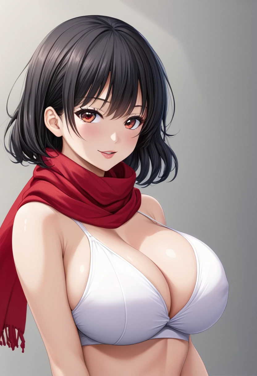 Hot anime girl,short black hair,red scarf,big breasts,