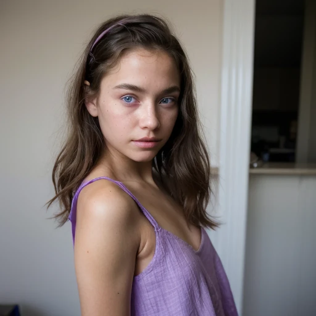 photo of a college student，9 years old, in Purple Pink, Linen coarse cloth, (freckles:0.8) Blush，cute face, sci-fi, dystopian, detailed eyes, cobalt blue eyes（（Side view））Shy