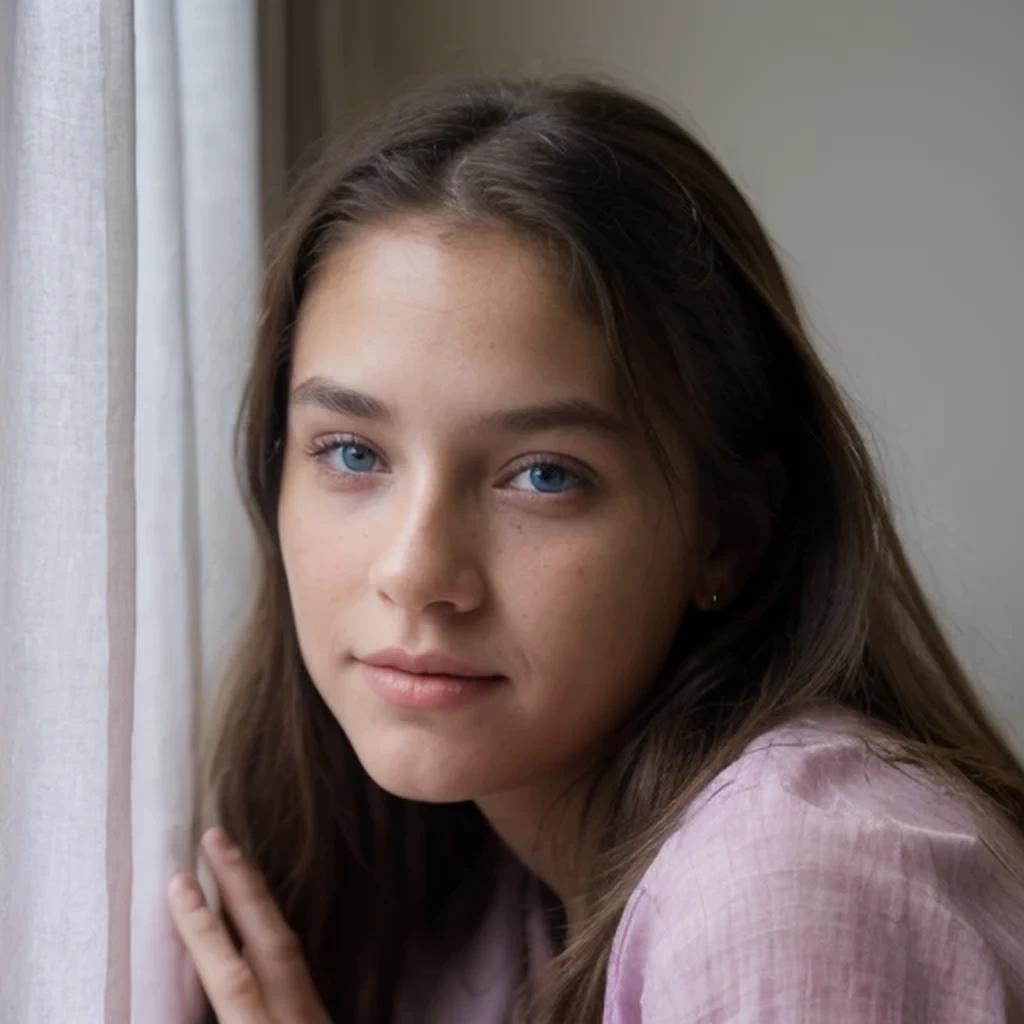 photo of a college student，9 years old, in Purple Pink, Linen coarse cloth, (freckles:0.8) Blush，cute face, sci-fi, dystopian, detailed eyes, cobalt blue eyes（（Side view））Shy