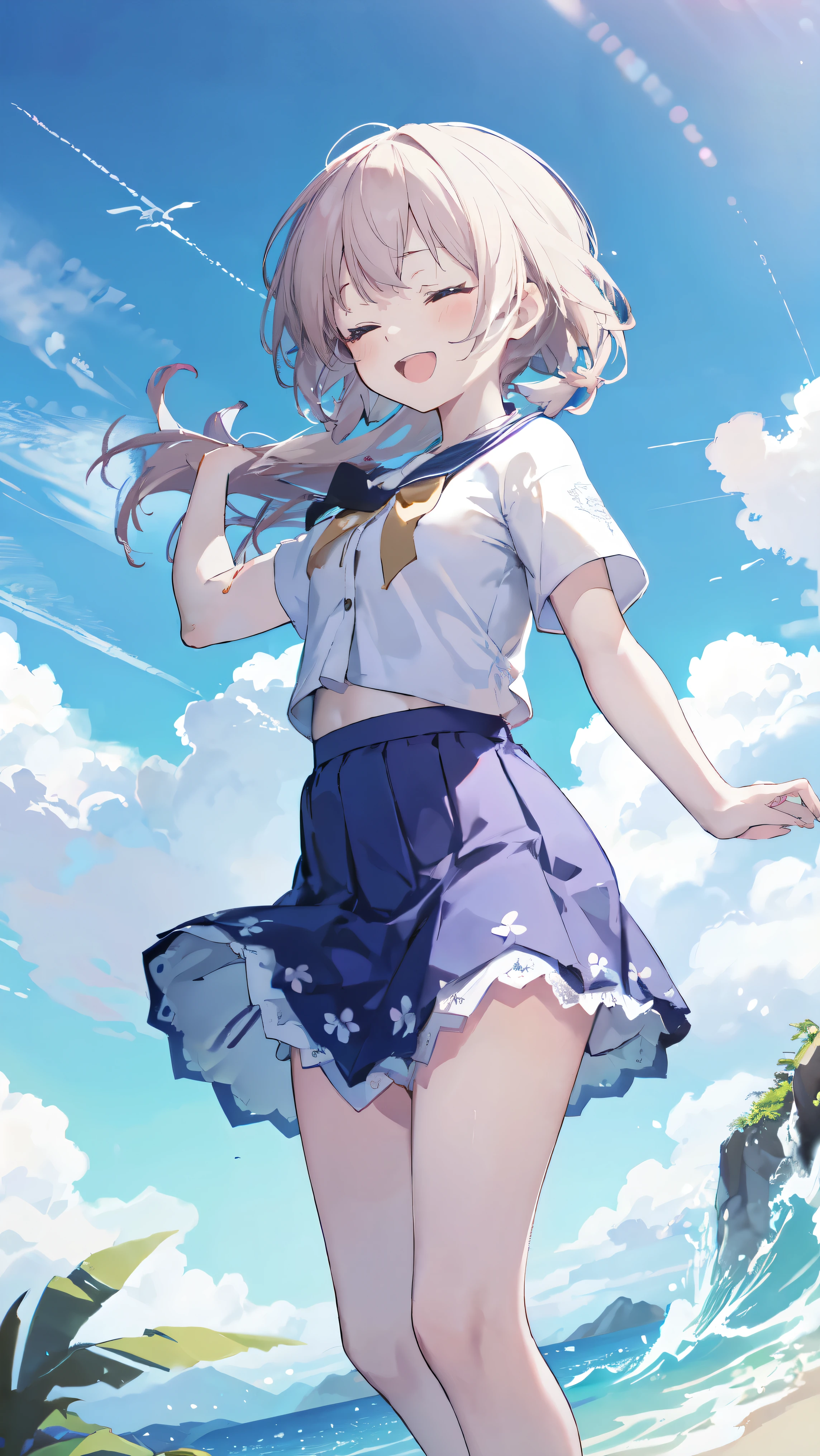 highest quality、Masterpiece、Ultra-high resolution、8k、Summer sky、early summer、((Lori))、(((Petite)))、Dynamic pose、Look this way、Eyes closed, open mouth smile、((Short sleeve、Short skirt))、1 person、Soft line art、Soft drawing、Beautiful Hair、Thighs