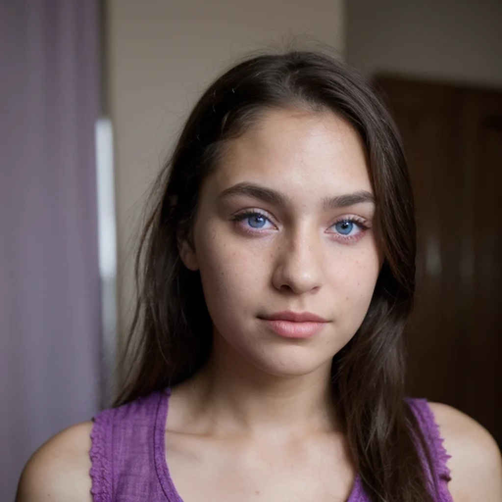 photo of a college student，9 years old, in Purple Pink, Linen coarse cloth, (freckles:0.8) Blush，cute face, sci-fi, dystopian, detailed eyes, cobalt blue eyes（（Side view））Shy