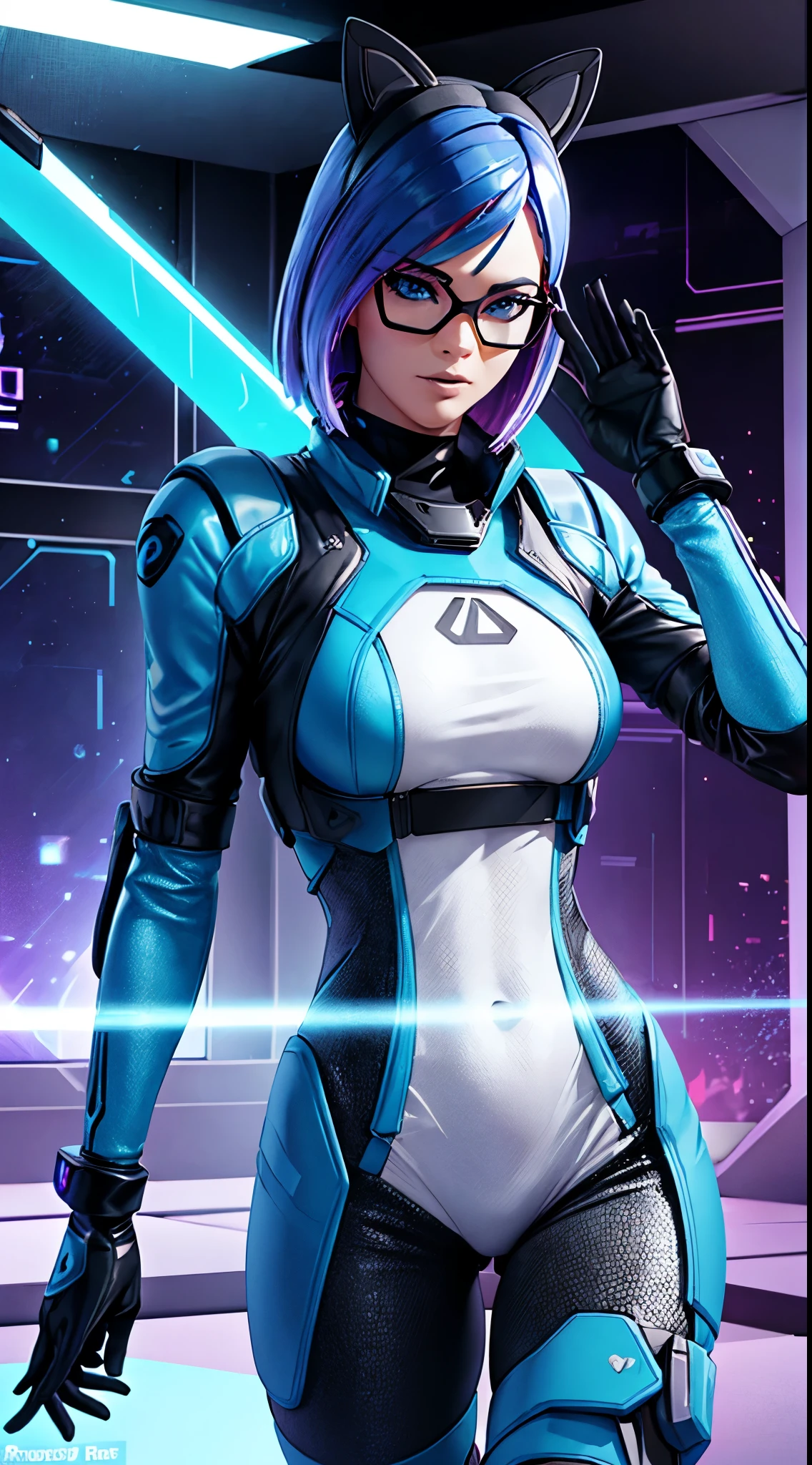 "Compose an eye-catching image featuring a woman with blue hair immersed in a futuristic environment. Design futuristic eyewear with cutting-edge elements, ensuring a sleek and advanced appearance. Craft the outfit with modern, high-tech materials, staying true to the futuristic vibe. The woman should confidently wield a laser sword, striking a pose that conveys both skill and determination. Explore a sci-fi color palette, incorporating neon tones and dynamic lighting effects to enhance the futuristic atmosphere. Employ photographic techniques such as bokeh and strategic lighting to create a visually captivating scene, skillfully blending action elements with futuristic style for a compelling composition."