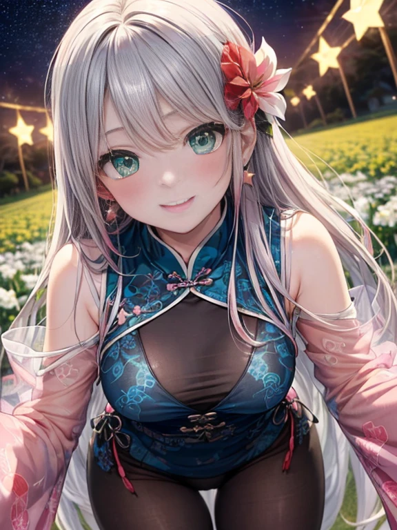 小さなgirl、Small breasts、The arrival of spring、Thick thighs、 (alone:1.5,)Very detailed,Bright colors, Very beautiful detailed anime faces and eyes, Look straight ahead, ;d, Shiny_skin,girl, ((Silver long hair,The inner color is red 、Forehead is exposed.、Green Eyes、Shiny hair, Delicate beautiful face, blush、(Turquoise Eyes), White skin, Valletta, Earrings,、blue flower field、(((Star pattern pink、See-through、Long China Clothing、Black bloomers)))、White Long Hair、smile、smile、Face dyed red