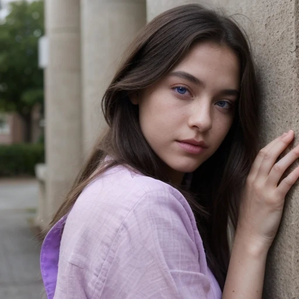photo of a college student，9 years old, in Purple Pink, Linen coarse cloth, (freckles:0.8) Blush，cute face, sci-fi, dystopian, detailed eyes, cobalt blue eyes（（Side view））Shy