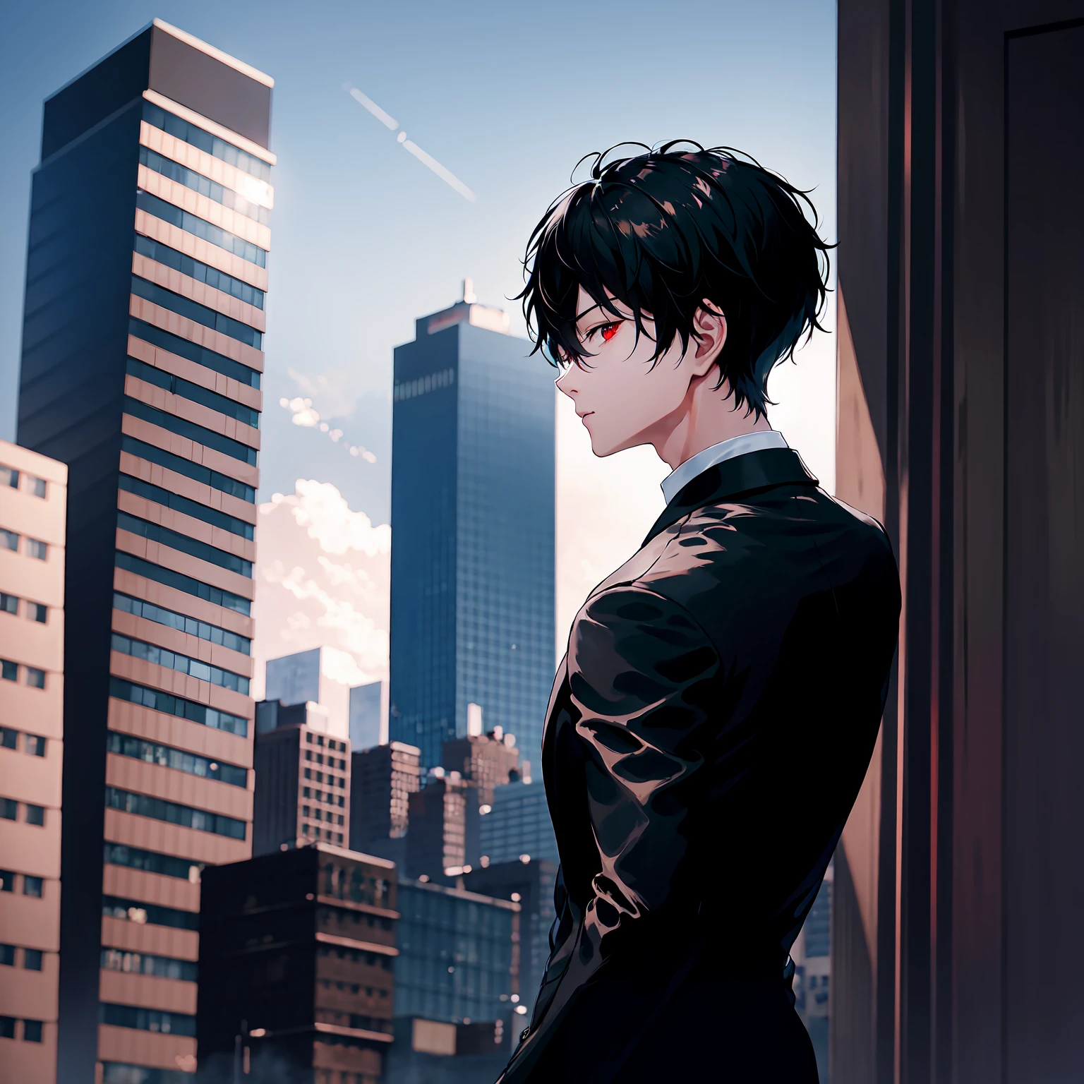 1boy, short black hair, red eyes, wearing all black suit, on top of a building, high res, ultrasharp, 8k, masterpiece, looking at viewer ???????????