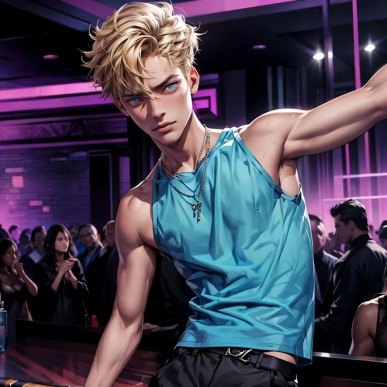 Photography of ung man in a party, (twink), (thin), (((slim))), masculine, chiseled jawline, handsome, charismatic, sexy, enjoying the music, (18 years old), ((dancing)), (((wearing modern men's clothing))), (((wearing black tank top))), best quality,ultra-detailed,realistic,sharp focus,trendy mens clothes,stylish outfits,fashion-forward designs,vibrant colors,modern patterns,slim fit,high-end materials,designer brands,detailed textures,fashion show runway,urban background,colorful street art,male model posing confidently, (crowded dancefloor behind), (blond hair), (lightly tan skin) club, party, glowing eyes, (heterochromia), modern, (bar background), realism, masterpiece, anatomically correct, high quality, super detail, 4K, highres.