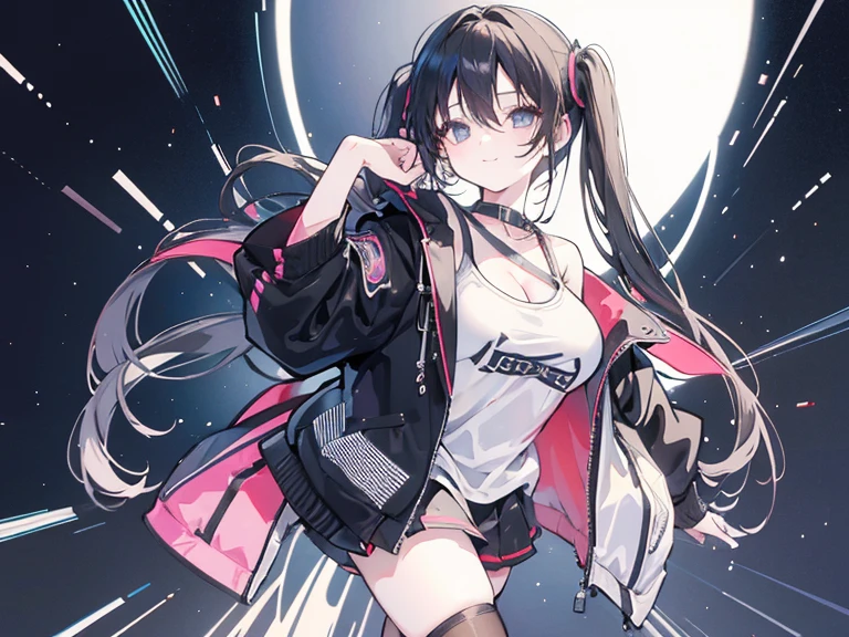 masterpiece,anime style,chibi,sexy girl,black hair,shoulder length hair with two pigtails,black jacket,with headphones,lo fi background,smiling,big breasts,listening to music,waiting on the right side of the image,showing cleavage,full body,standing,black t-shirt,perfect eyes,