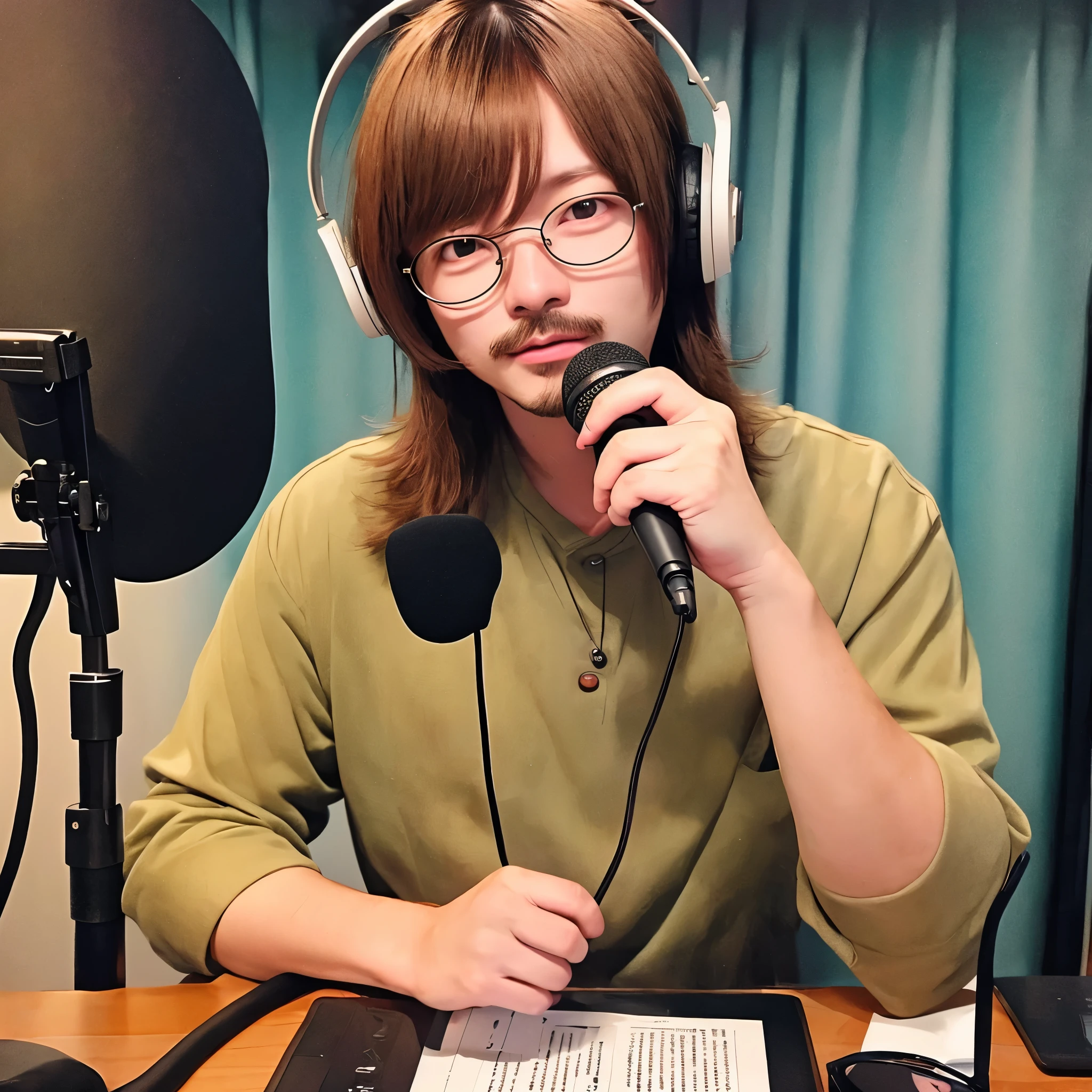 Pop Filter, Condenser Microphone, Mustach, eyeglasses, man, podcasting, longhair