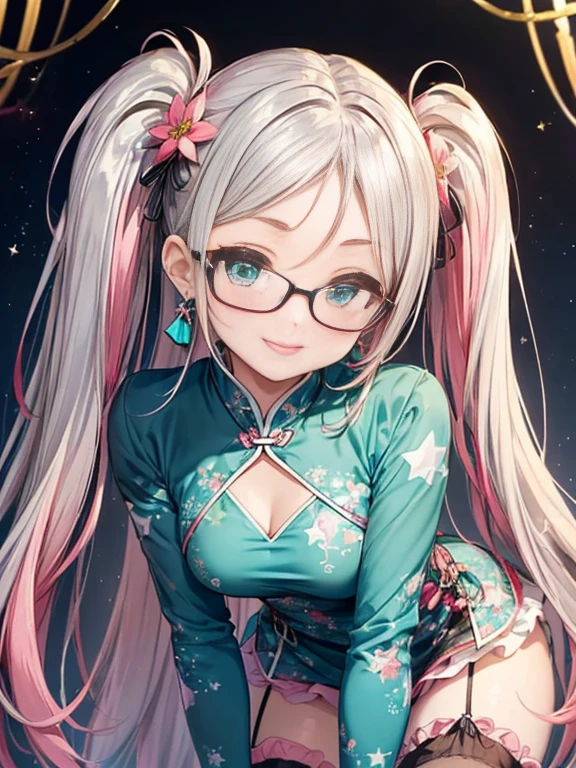 小さなgirl、Small breasts、The arrival of spring、Thick thighs、 (alone:1.5,)Very detailed,Bright colors, Very beautiful detailed anime faces and eyes, Look straight ahead, ;d, Shiny_skin,girl, ((Silver long hair,The inner color is red 、Forehead is exposed.、Green Eyes、Glasses、Shiny hair, Delicate beautiful face, blush、(Turquoise Eyes), White skin, Valletta, Earrings,、blue flower field、(((Star pattern pink、Long China Clothing、Black bloomers)))、Twin tails、smile、smile、Face dyed red