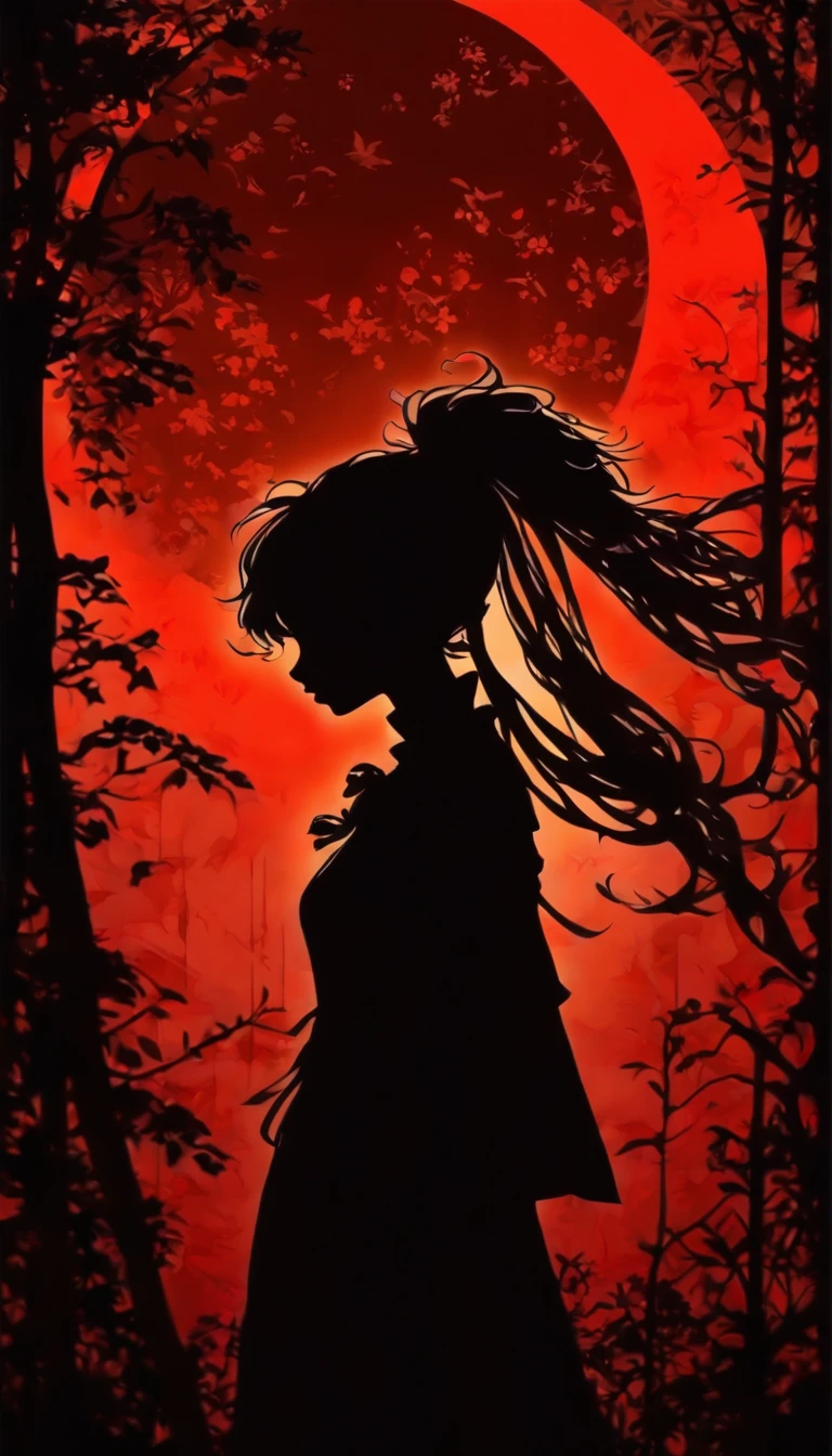 (Silhouette Art,cutouts:1.6)
(((Paper cutting art,A world where only black exists:1.3)

(Cowboy Shot),1 girl,Solo,
(long hair Girl,profile:1.2),white, Clear and beautiful face,Black 、Full Moon Behind

break
(amarelo　Red:6.1)
Textured glass background,