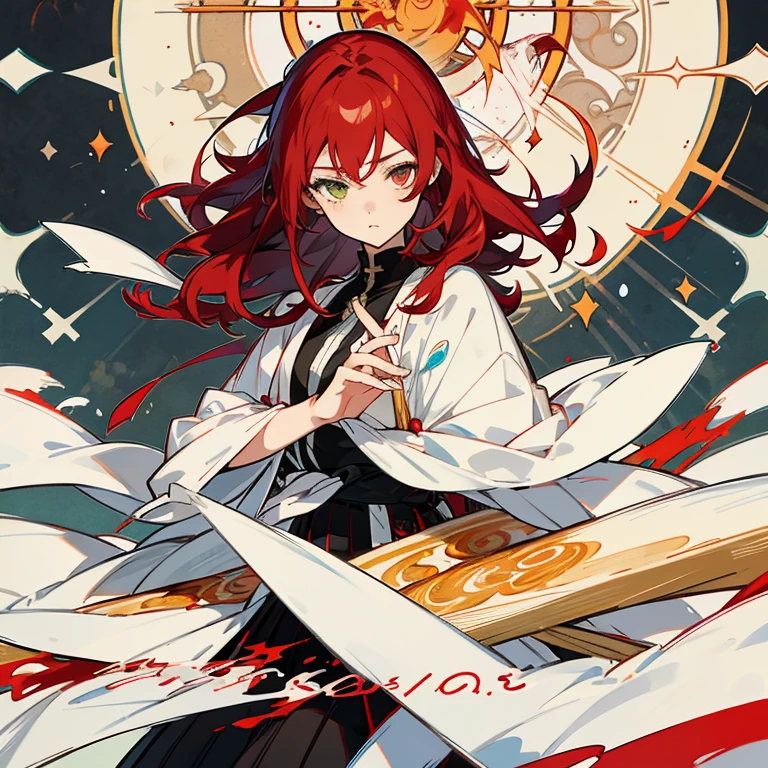 With a style from the Bungou Stray Dogs manga, he creates an 18-year-old girl with mostly red hair with black strands intertwined., que caen en cascada sobre sus hombros en ondas sedosas. His eyes show complete heterochromia and heterochromia iridis, with one amber eye and one violet eye, adding depth to your look. Has pale, soft skin, with enigmatic beauty