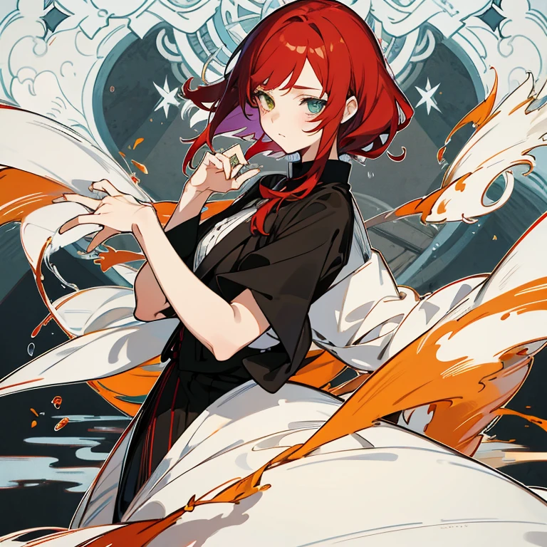 With a style from the Bungou Stray Dogs manga, he creates an 18-year-old girl with mostly red hair with black strands intertwined., que caen en cascada sobre sus hombros en ondas sedosas. His eyes show complete heterochromia and heterochromia iridis, with one amber eye and one violet eye, adding depth to your look. Has pale, soft skin, with enigmatic beauty