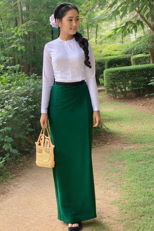 A school teacher is 60years old.Tall, thin, big hips, big breasts, blonde hair, small lips, blue eyes, attractive, 64K.Top=white Burmese blouse,With long sleeves,Buttoned at the side.Bottom=(Dark green) long skirt.
Footwear=female Burmese sandals,The hair is knotted bun.European.Nun Headpiece.