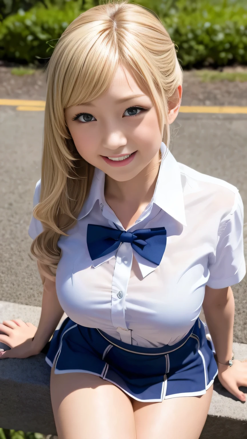 Browsing Caution、8k,highest quality, masterpiece, Very detailed, Ultra-high resolution, Realistic, RAW Photos, , Absolute Resolution, Complete limbs、Complete Anatomy、Perfect beautiful skin、pretty girl1人,Cute girl 、、(smile:1.2)、Gal、、(Short sleeve white collar shirt:1.1)、bow tie 、、Micro Mini Skirt、、Accentuate your thighs、、、(blonde:1.2)、、、pretty girl、 , Realistic young gravure idol, Japanese Girls、、alone、(Midsummer schoolyard:1.2)、Sit on a bench、From above、
