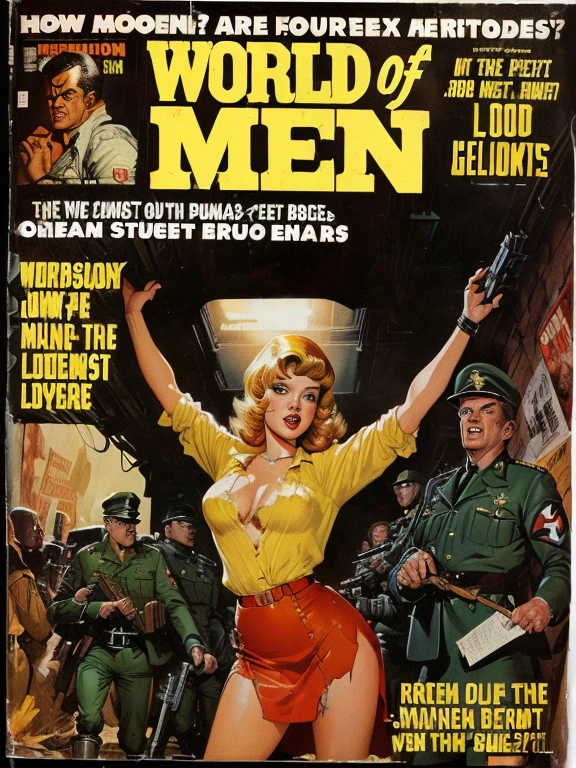 World of Men magazine cover featuring a film showing a beautiful woman in a tattered skirt and low-cut blouse being bound and tortured by Nazis, retro Pulp Art, Pulp fantasy of the 1980s, vintage Pulp Art, Old retro pulp, Pulp Magazine cover art, Pulp Magazine, Old retro pulp noir comic cover, inspired Wally Wood, 70's Vintage Comic Cover, Wally Wood, Pulp Art, SF pulp