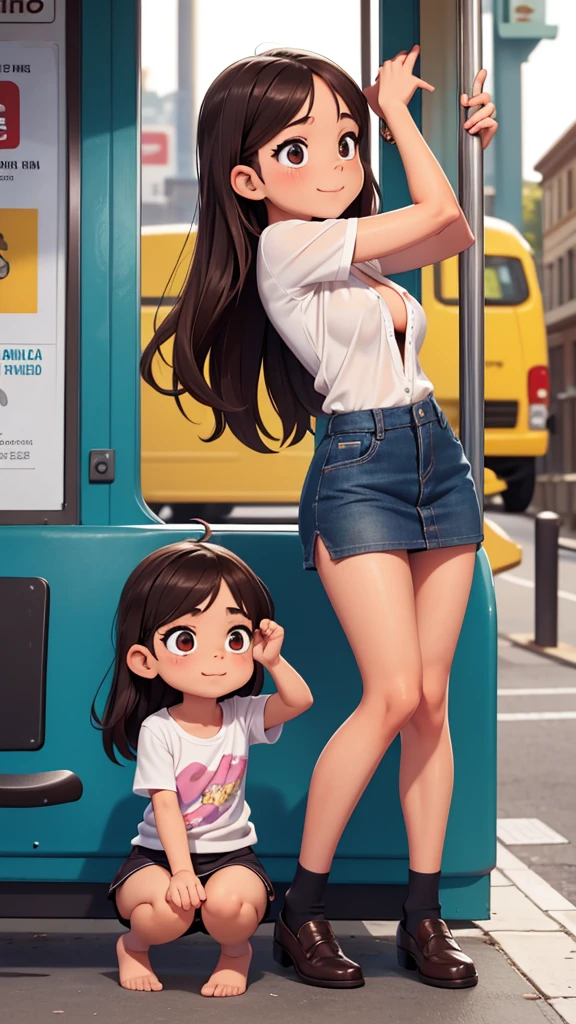 Ultra realistic , two girls, obra maestra, mejor calidad, alta calidad, defined, detailed, HD, (piel morena), ojos definidos, ojos cafes intensos, long eyelashes, small mouth, sonrisa, :3, very long hair, pelo liso, pelo oscuro, cuerpo reducido, bosom barely contained, big breasts, sexy, posando foto, mini skirt, sin sostenes, no bra, excitada, pezones erectos, sentada, smartphone, pc, nice view, full body, nice body, camisa blanca, camisa ajustada, abierto, mojada, sudada, caliente, tight, sonrojada, nice legs, nice hands, nice fingers, no socks, sin flequillo, peinada hacia atras, pose lasciva, petites, no skirts, open legs, executive, smart, open shirt, lean, showing, upskirt, blowing, center, kissing friend, bus, bus stop, paradero, lower view, down to up camera, back view, below photo, climb bus stairs